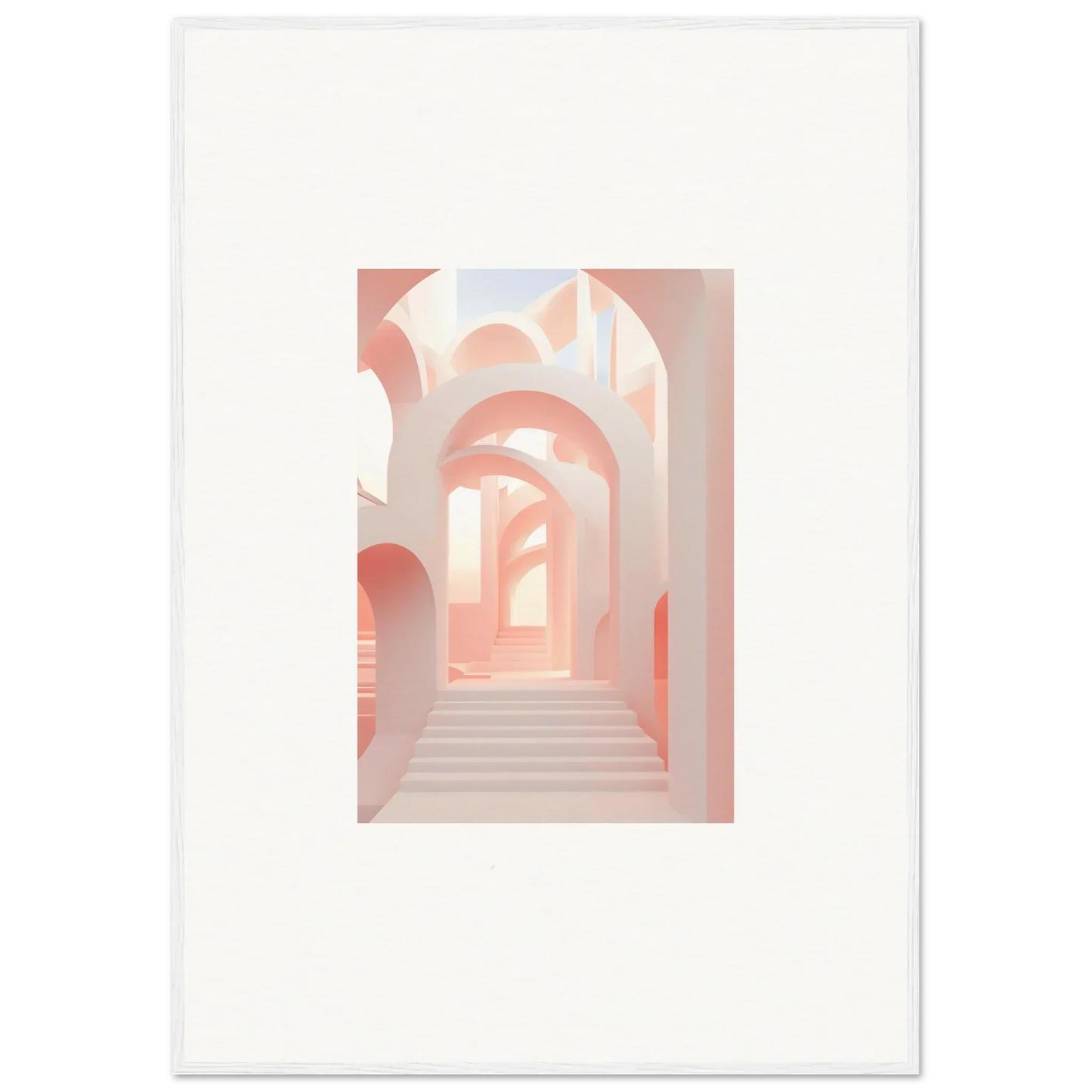 Pastel-colored architectural passageway with arches and stairs.