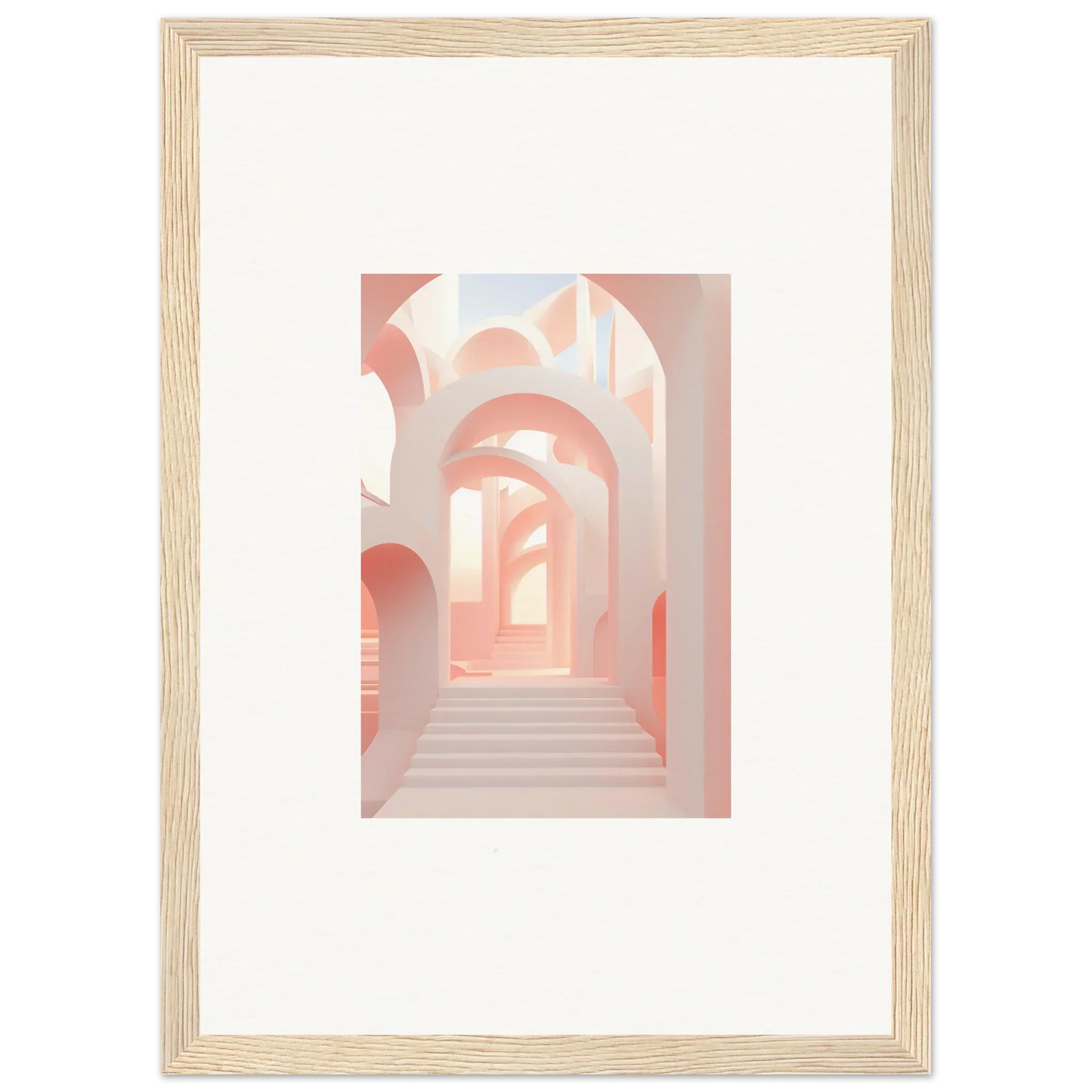 Framed artwork depicting a pastel-colored architectural passageway with arches.