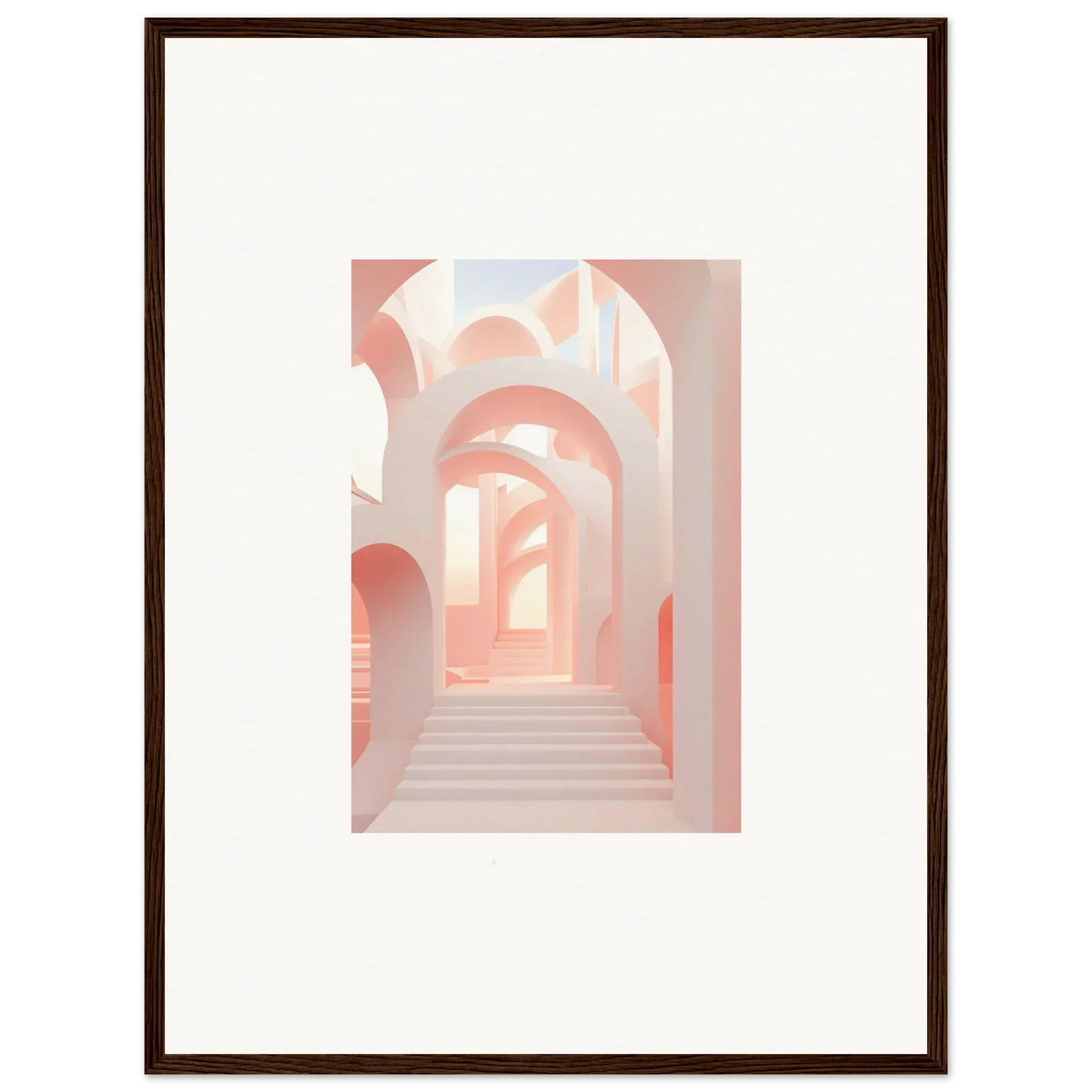 Framed artwork depicting a pastel-colored architectural passageway with arches.