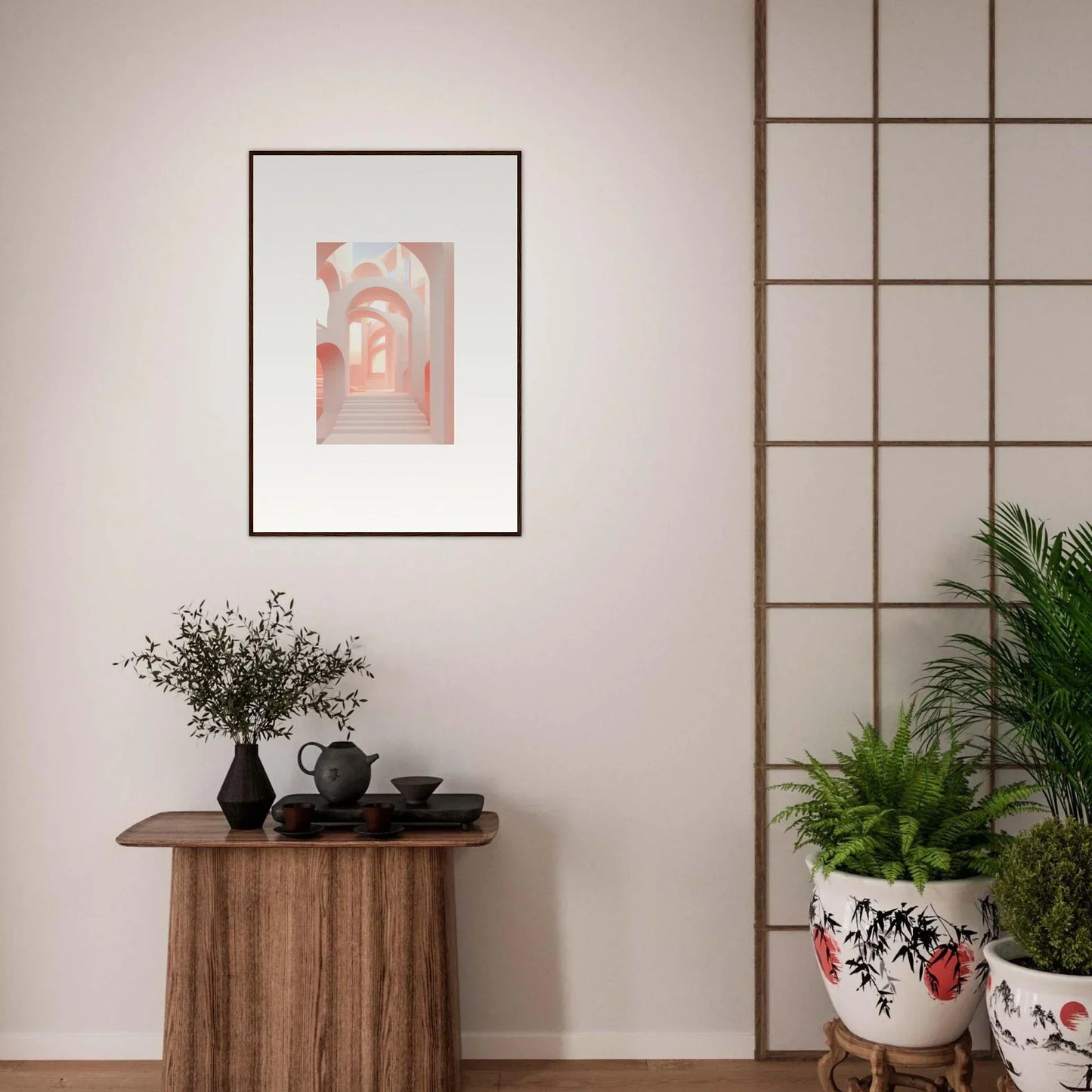 Framed artwork depicting an arched passageway in soft pink tones.