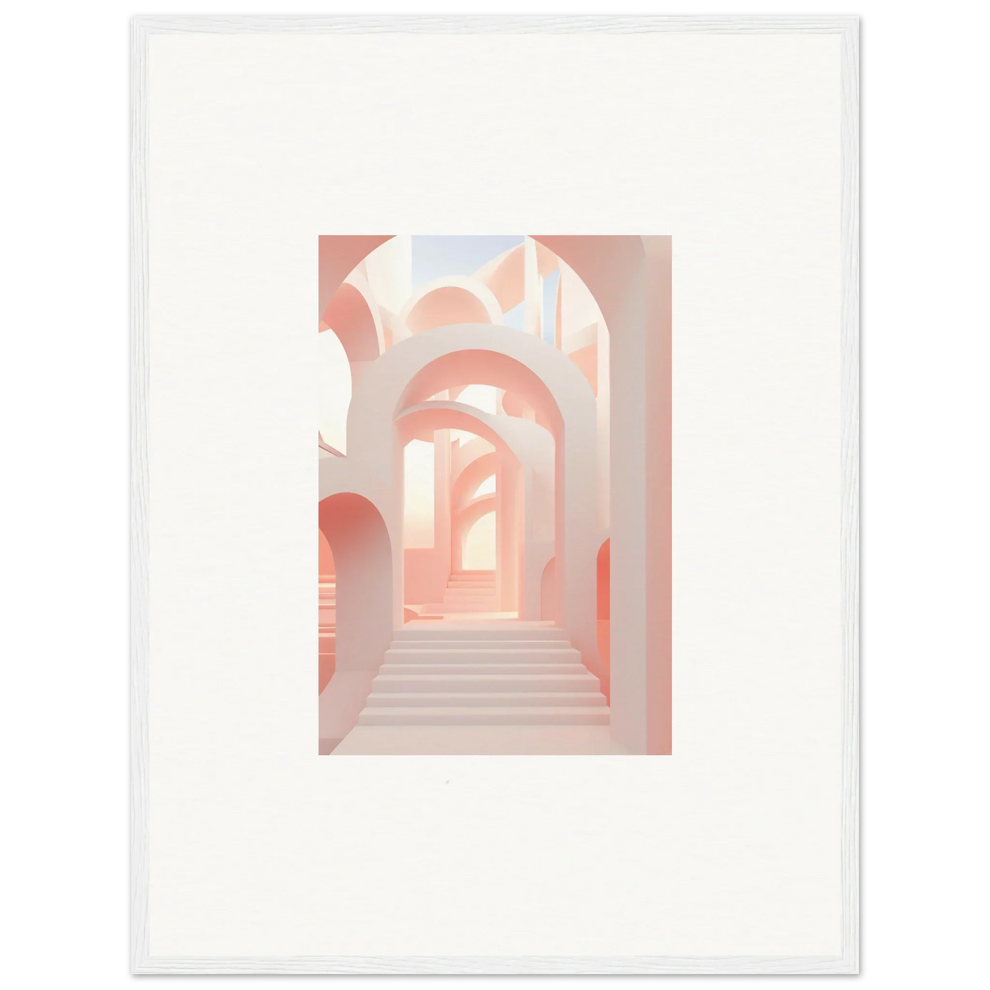 Pastel-colored architectural passageway with arched openings and stairs.