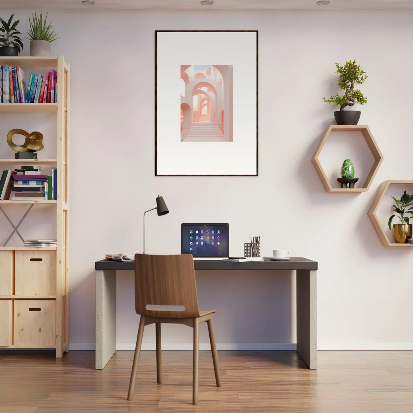 Minimalist home office setup with a desk, chair, and wall decorations.