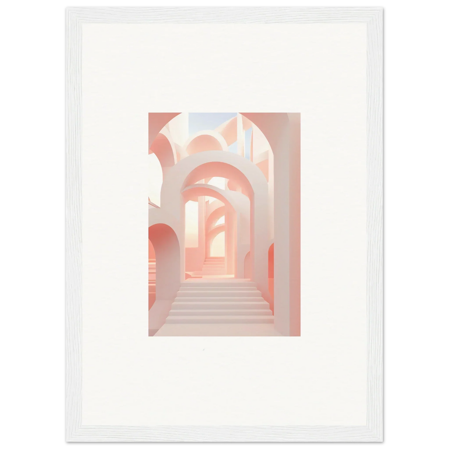 Framed artwork depicting a pastel-colored architectural passageway with arches.