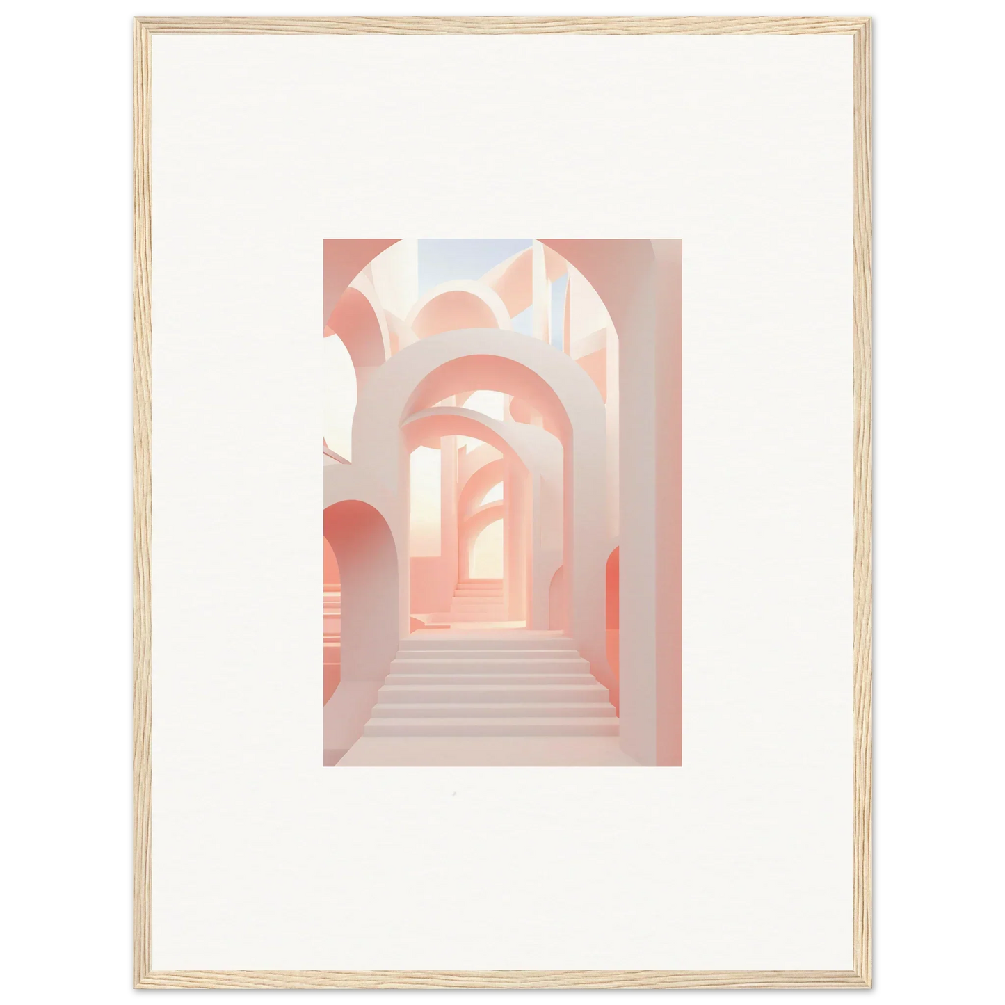 Framed artwork depicting a pastel-colored architectural passageway with arches.