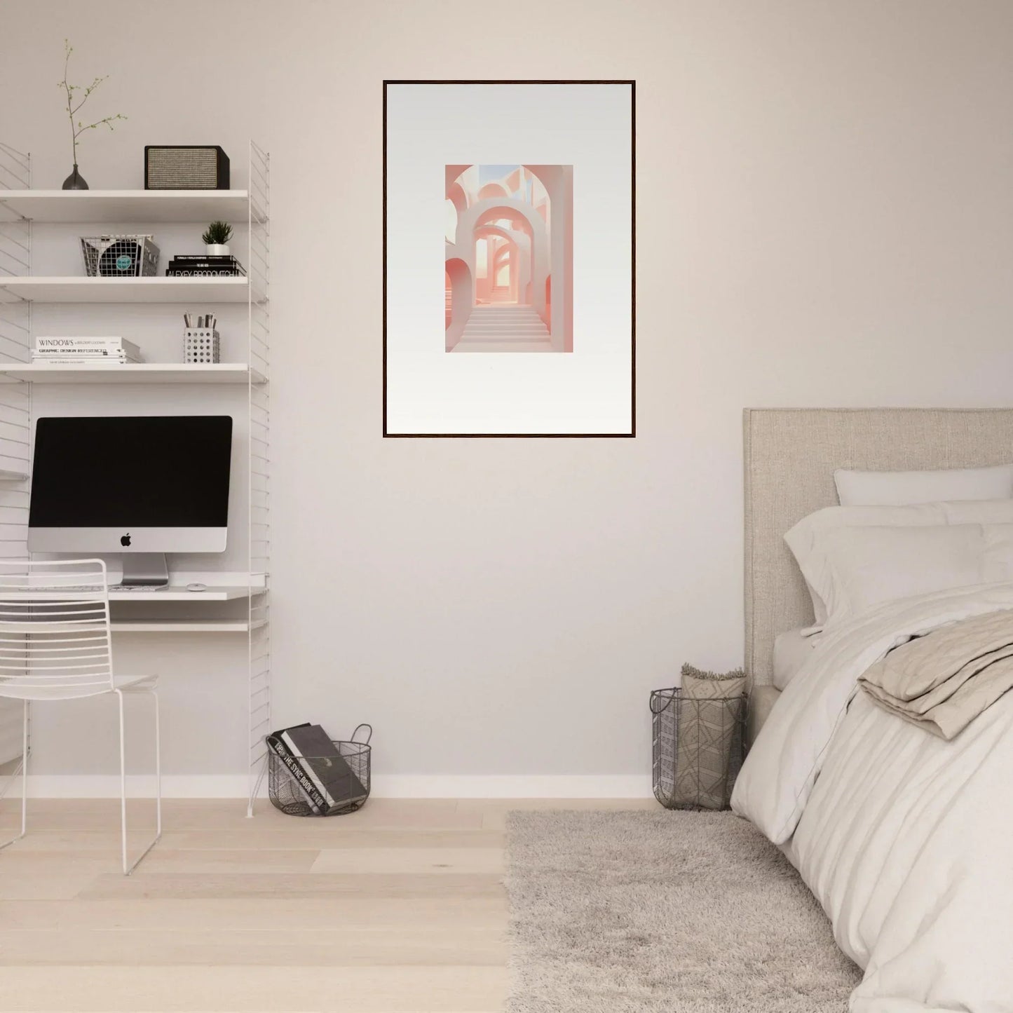 Minimalist bedroom with white walls, floating shelves, and a framed artwork.