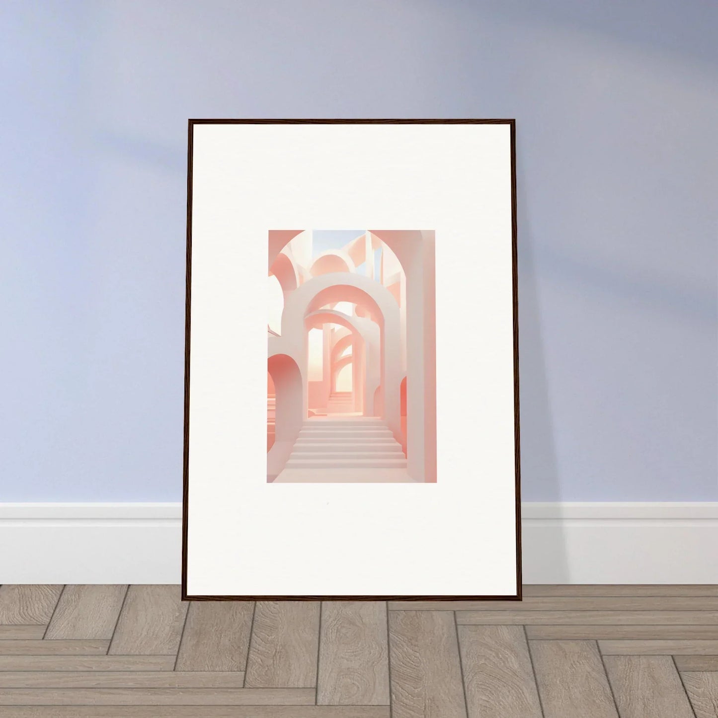 Framed artwork depicting a pastel-colored architectural passageway with arches.