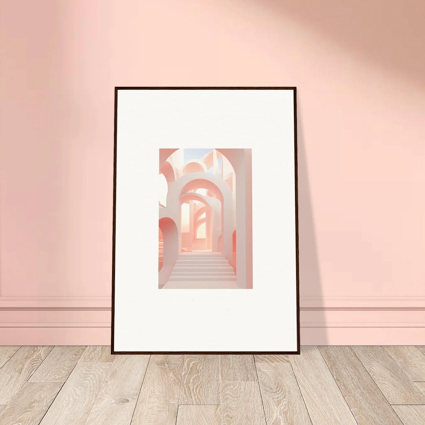 Framed artwork depicting a pastel-colored architectural passageway with arches.