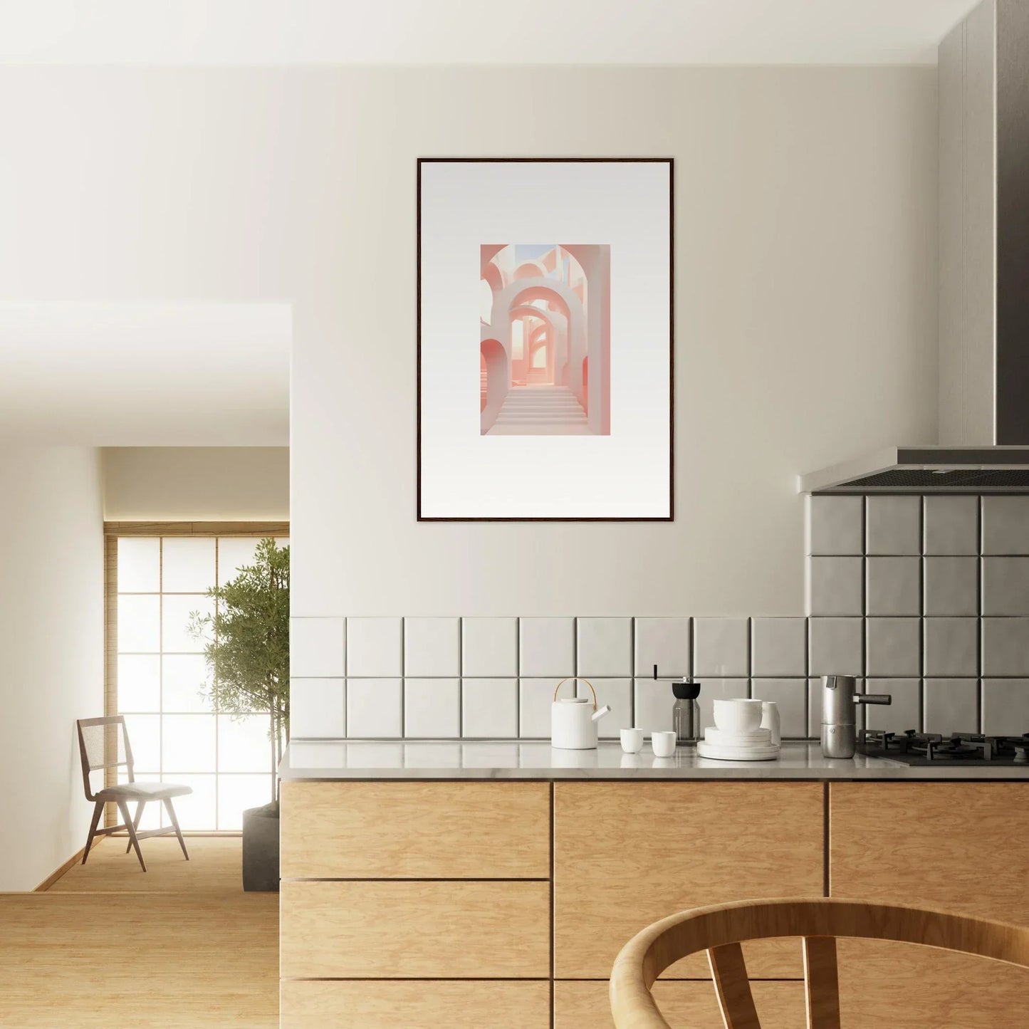 Modern kitchen with wooden cabinets, white tiled backsplash, and framed artwork on the wall.