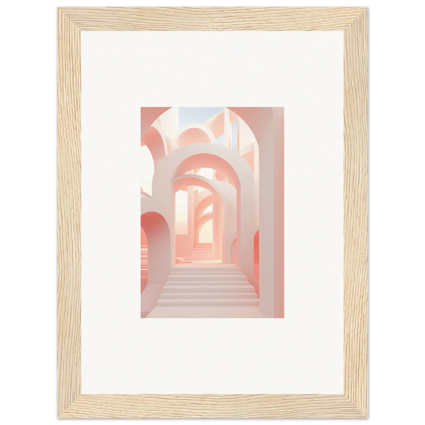 Framed artwork depicting a pastel-colored architectural passageway with arches.