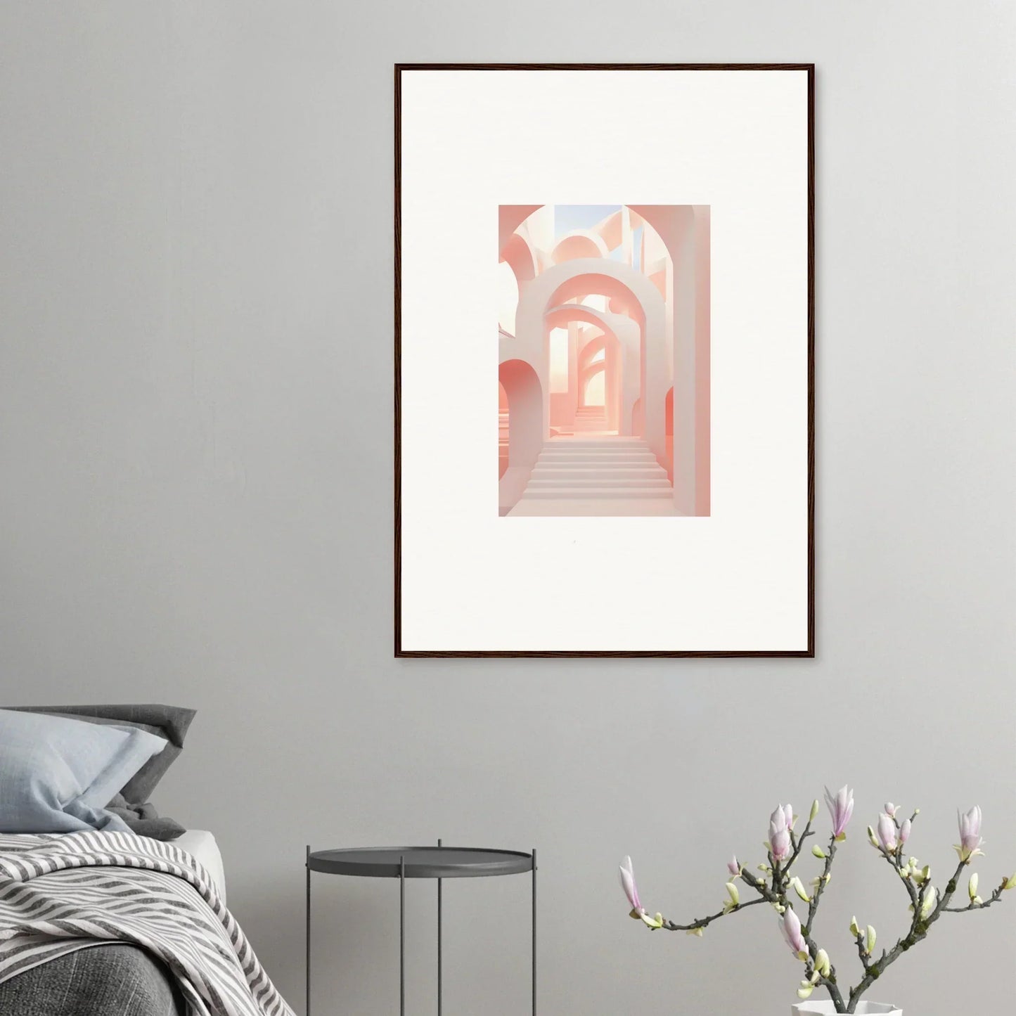 Framed artwork depicting a pastel-colored archway corridor with stairs.