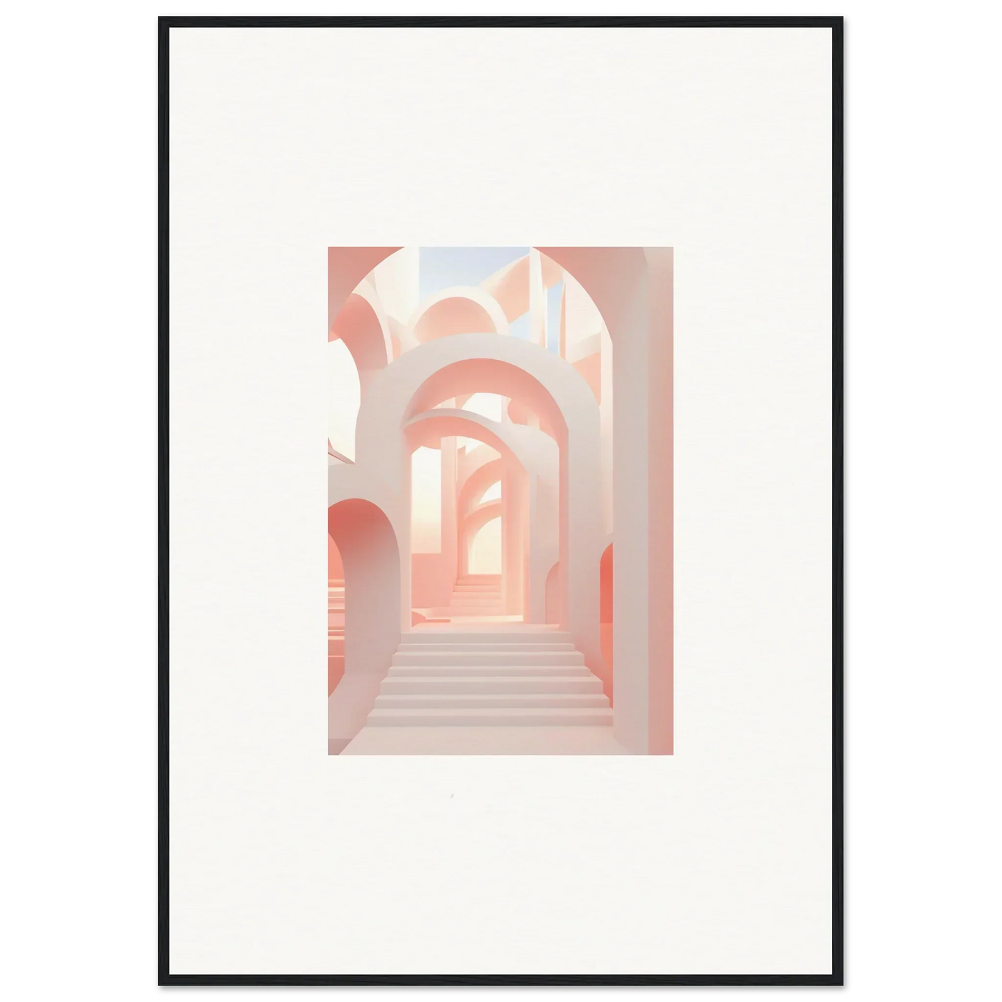 Framed artwork depicting a pastel-colored architectural passageway with arches.