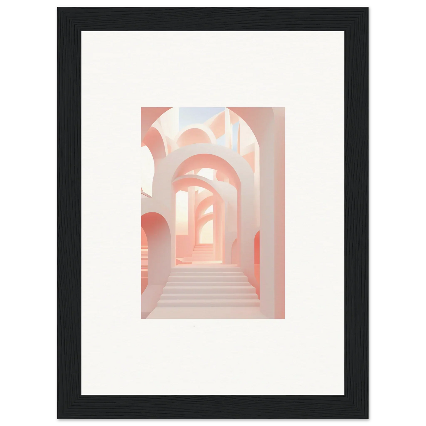 Framed artwork depicting a pastel-colored architectural passageway with arches.