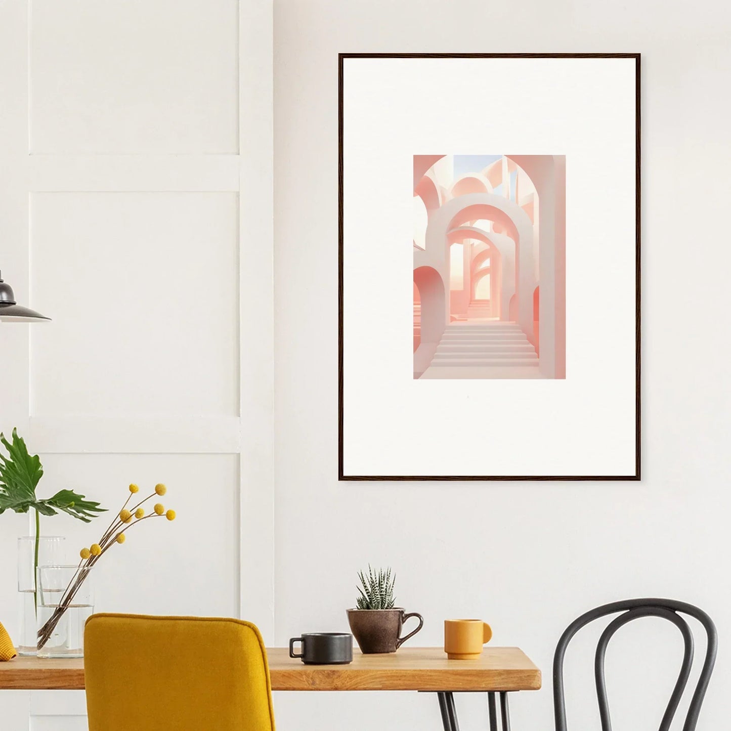 Framed artwork depicting a pastel-colored architectural passageway with arches.