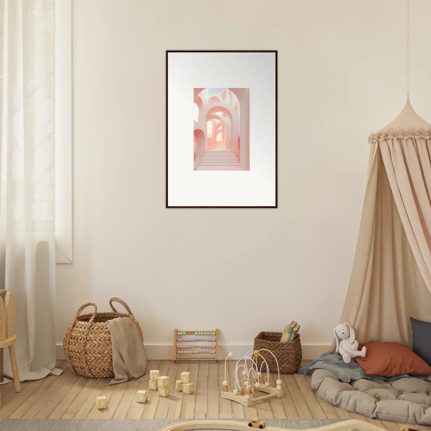 Framed artwork depicting a series of arched passageways in soft pink tones.