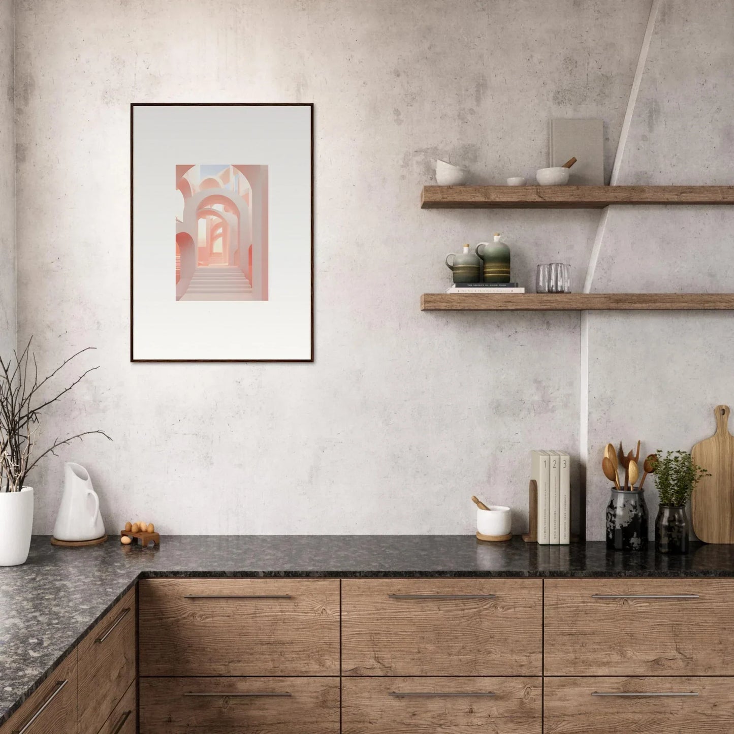 Modern kitchen with wooden cabinetry, dark countertops, and minimalist open shelving.