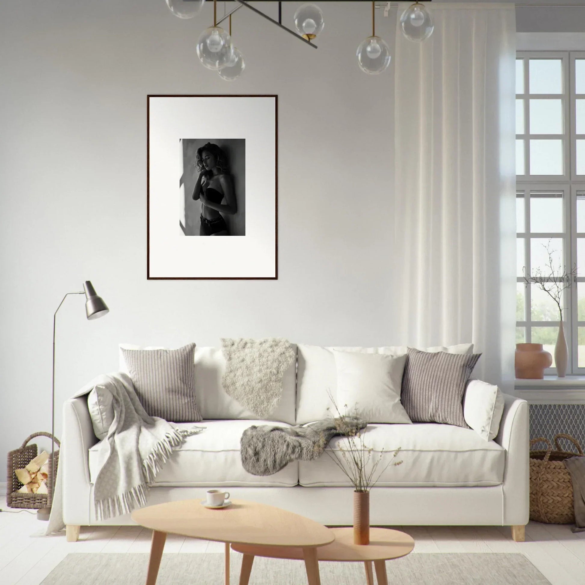 White sofa with throw pillows and blankets.