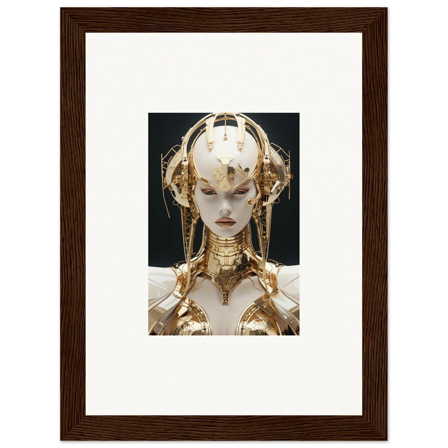 Futuristic golden robotic figure with ornate headdress for golden melodies room decoration canvas print