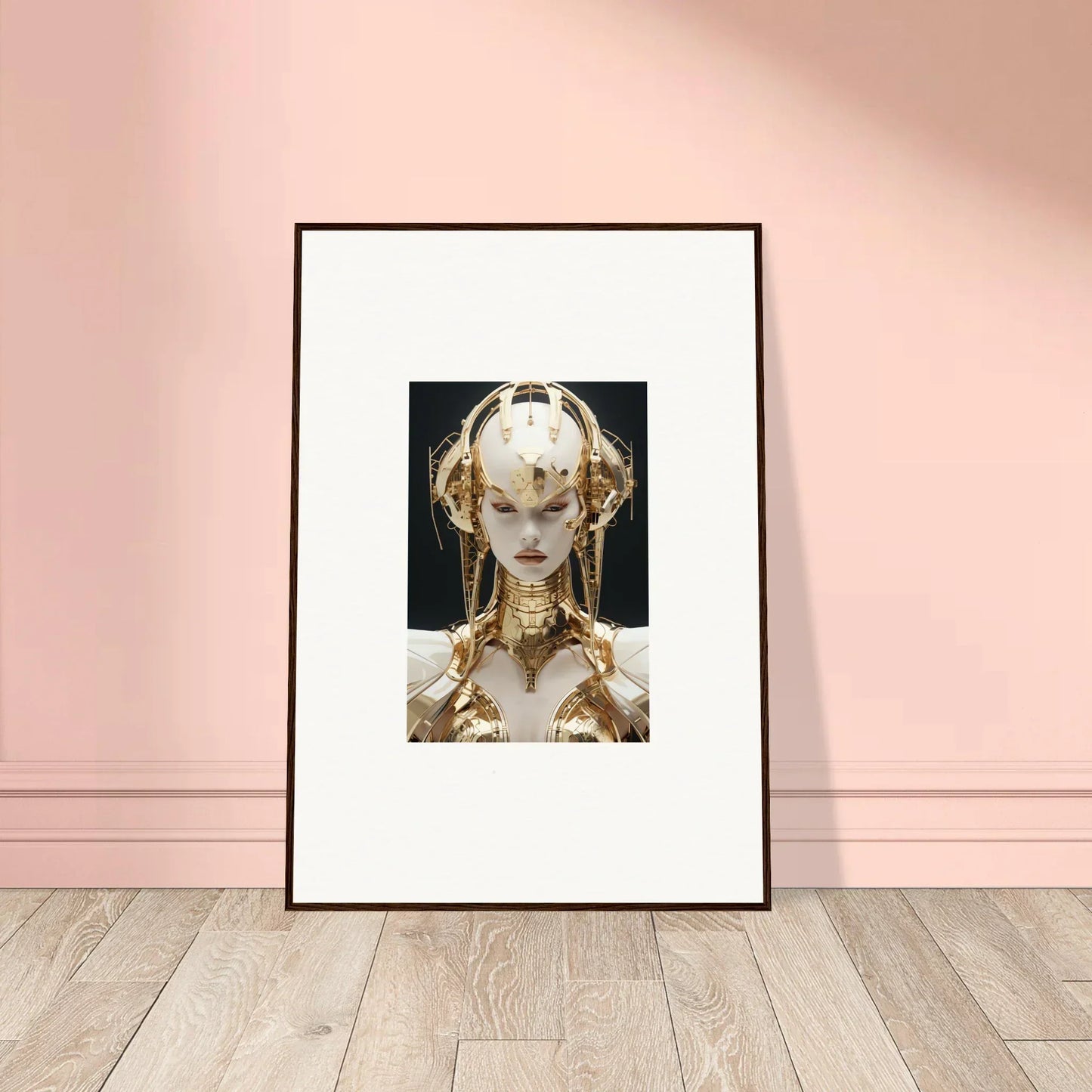 Framed canvas print of a figure in golden melodies jewelry, perfect for room decoration