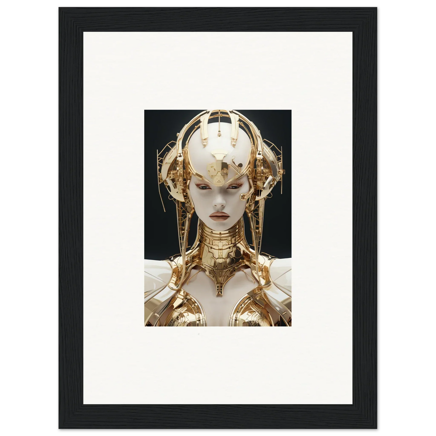 Futuristic golden robotic figure with headdress, perfect for golden melodies room decoration