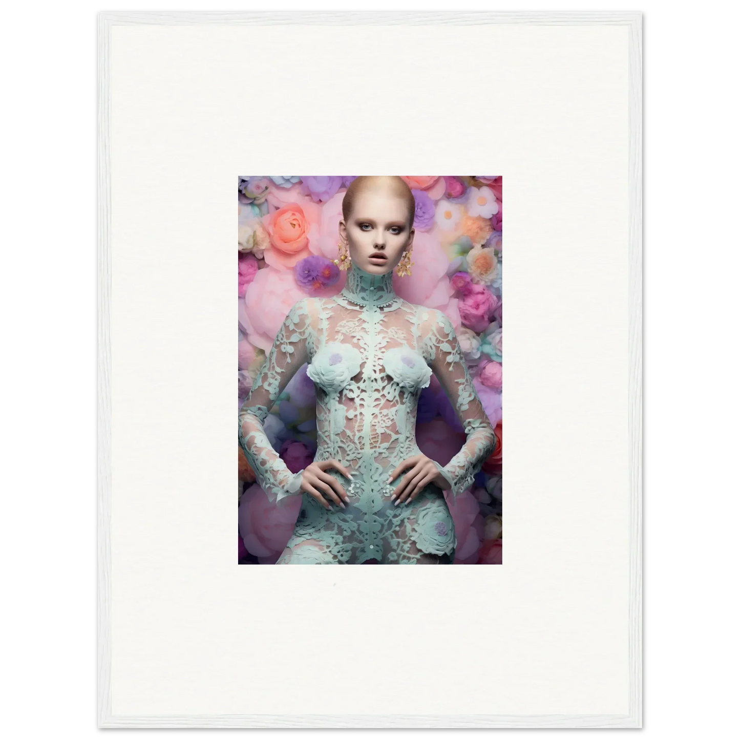 Framed photograph of a person wearing an intricate lace bodysuit against a colorful floral background.
