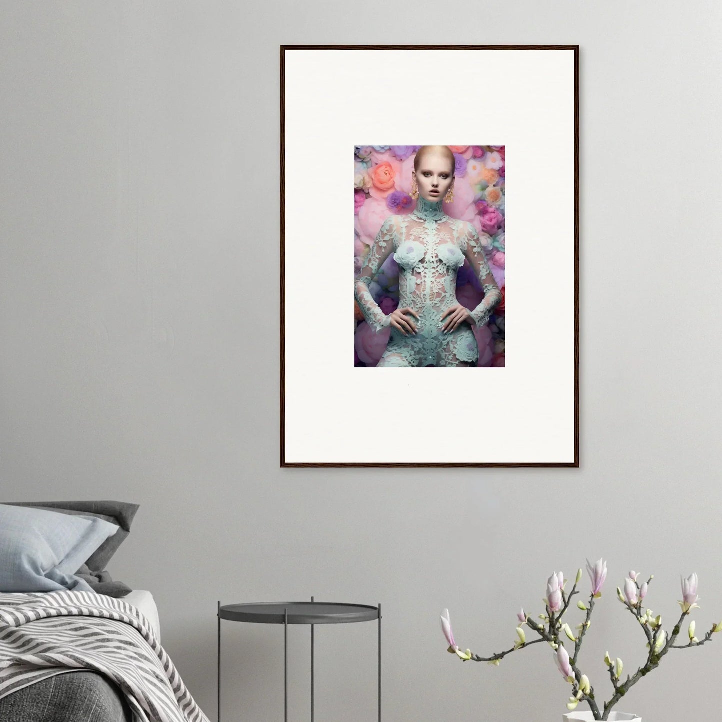 Framed artwork depicting a surreal, ethereal figure with pale skin against a colorful, dreamy background.