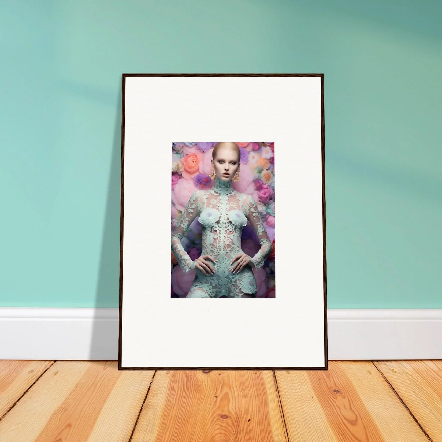 Framed artwork featuring a figure in an ornate white outfit against a colorful background.