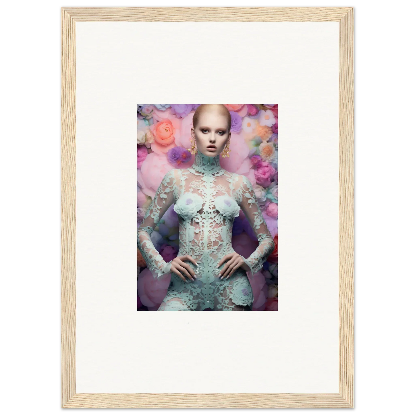 Framed photograph of a person wearing an ornate, pale blue outfit against a floral background.