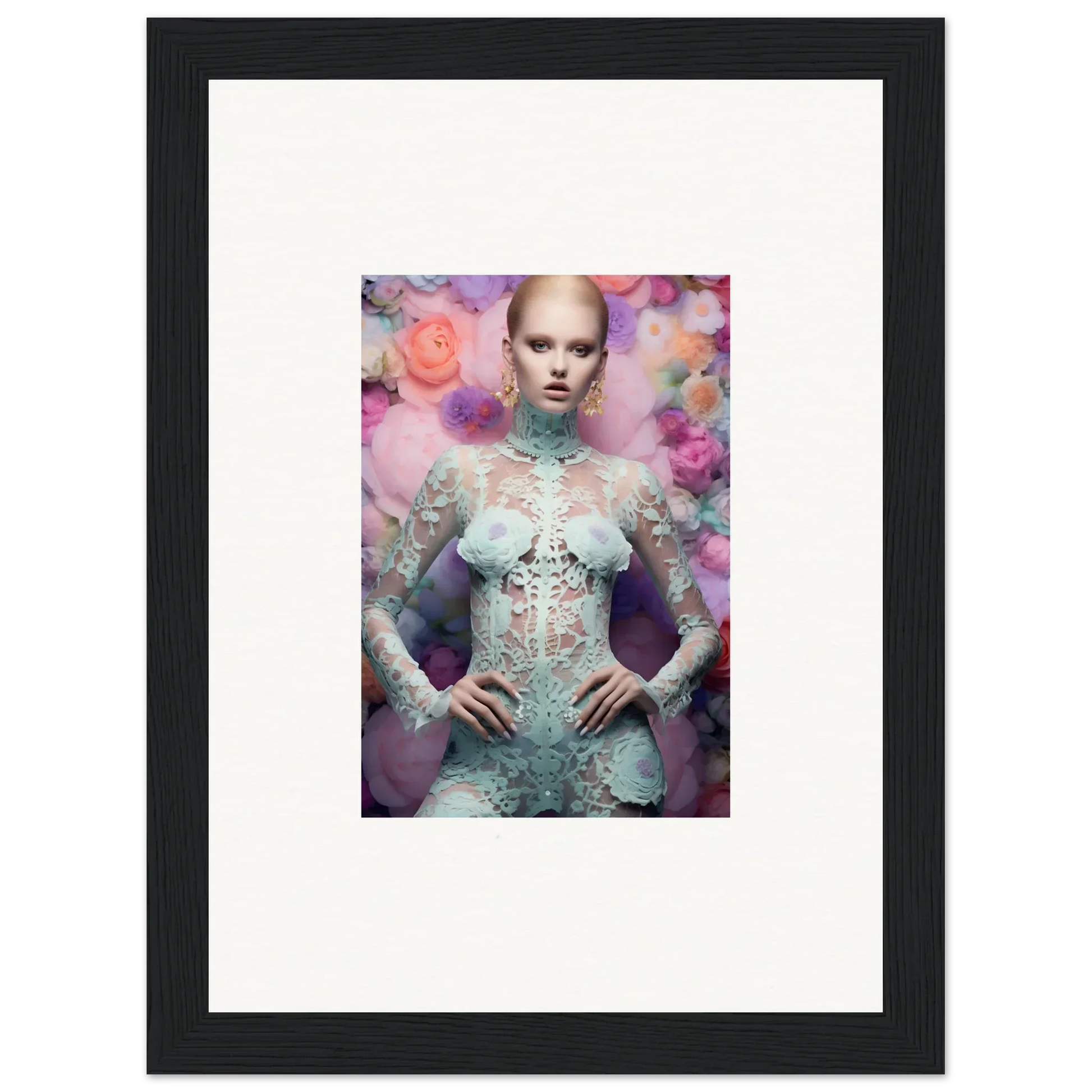 Framed portrait of a pale figure in an ornate, light-colored outfit against a colorful floral background.