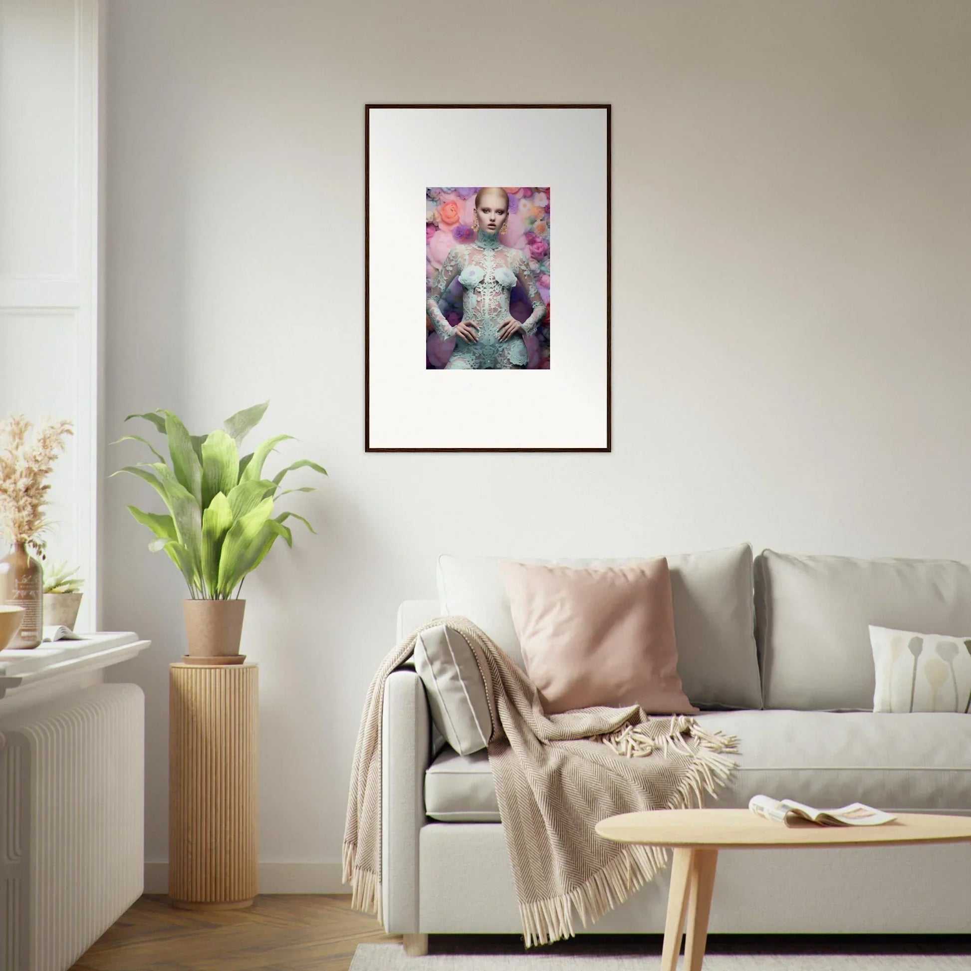Framed surrealist artwork featuring an ethereal figure with cosmic elements.