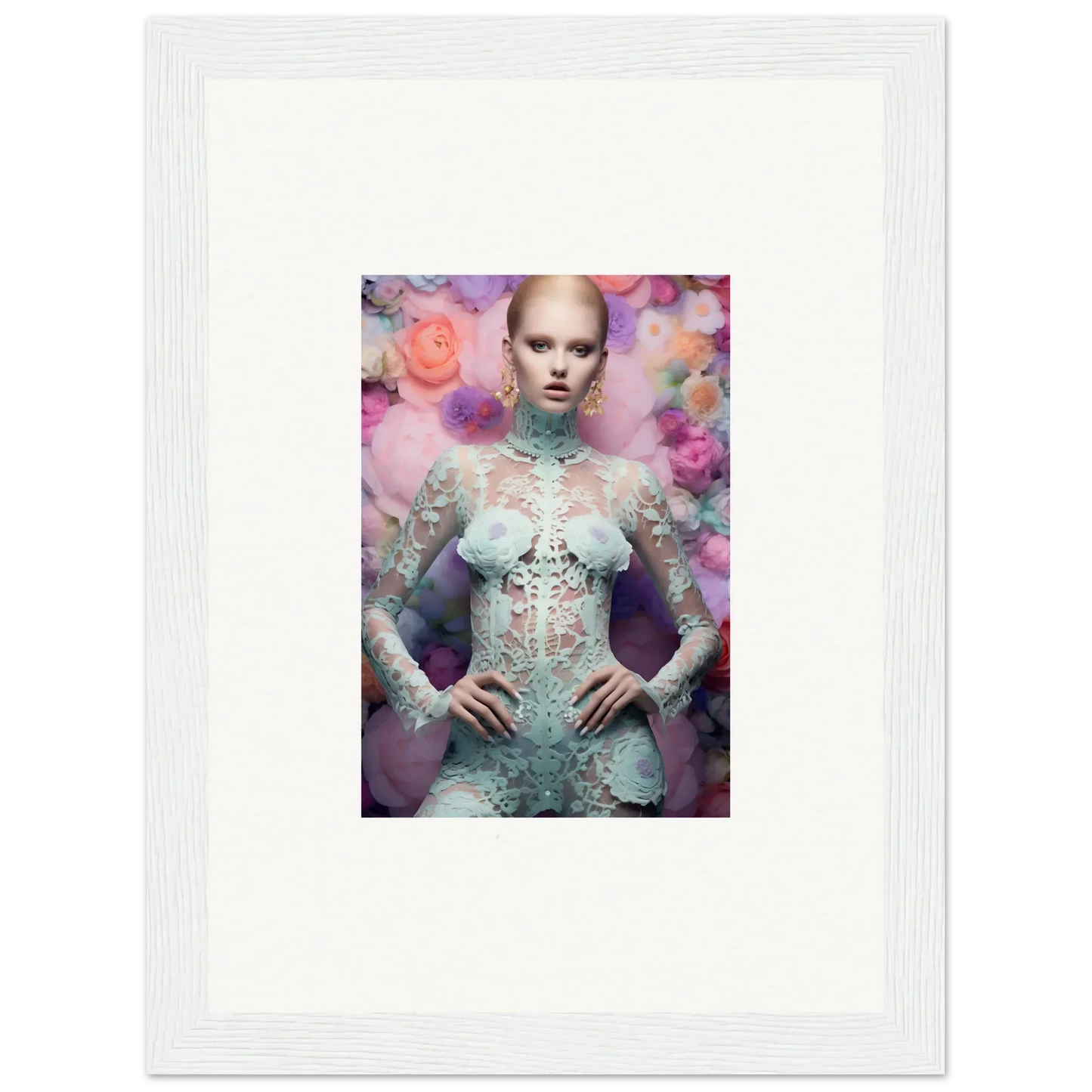 Framed photograph of a person wearing an ornate, pale blue lace outfit against a floral background.
