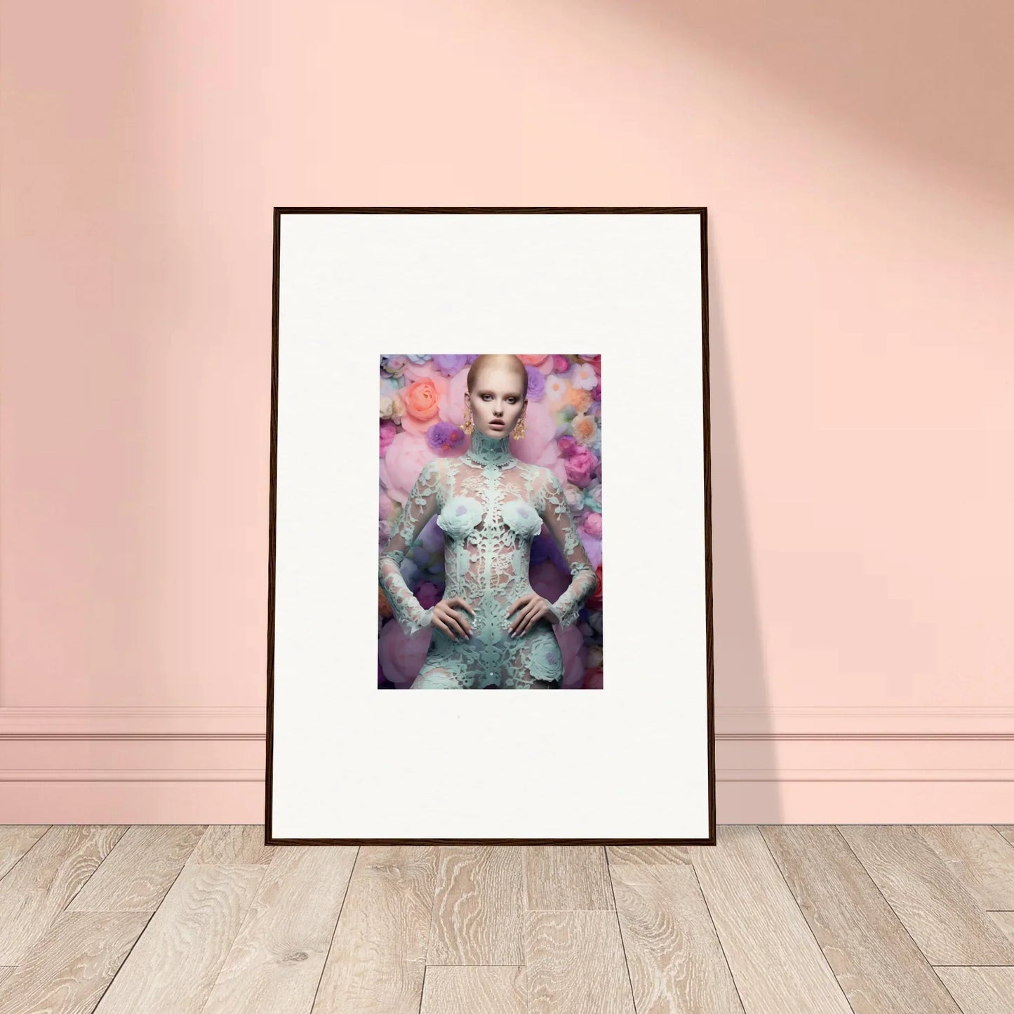 Framed portrait of a figure in an ornate, futuristic outfit surrounded by floral elements.