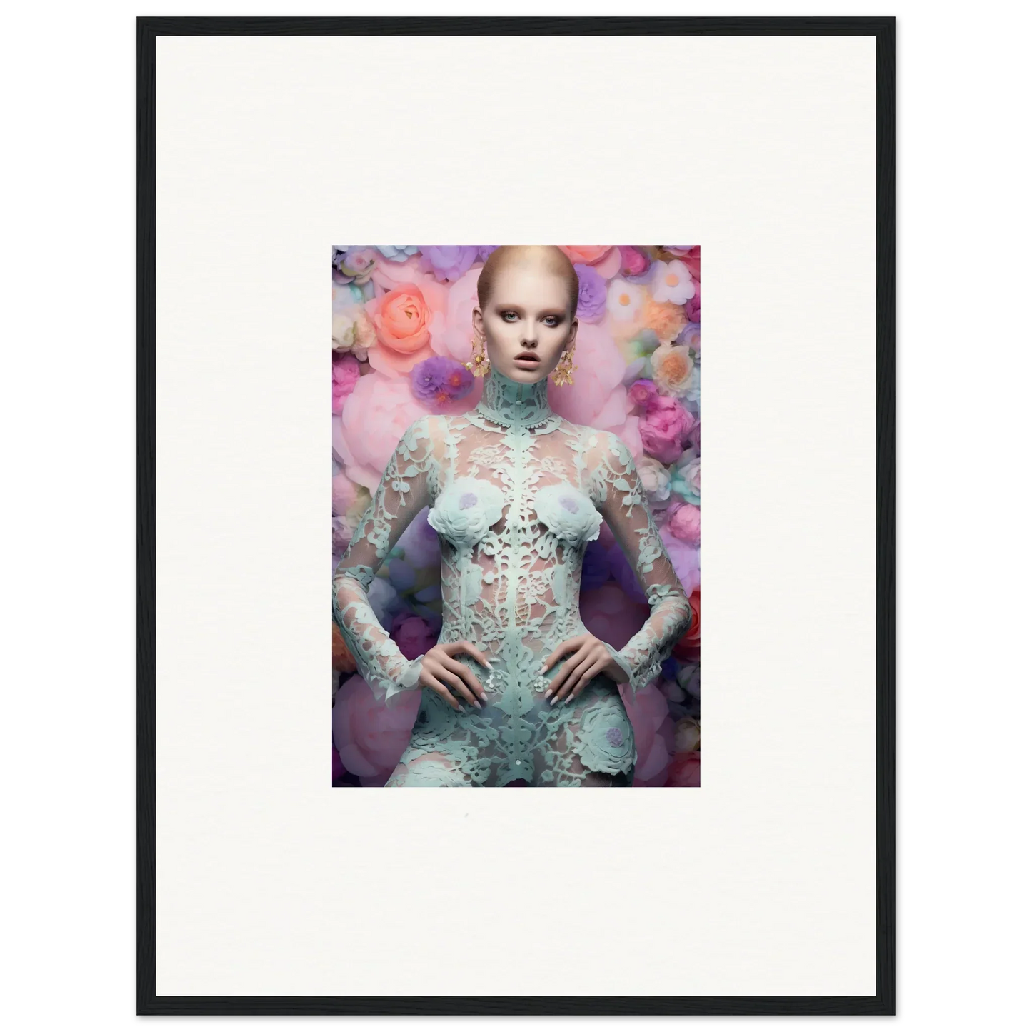 Framed portrait of a person wearing an ornate, lacy white outfit against a colorful floral background.