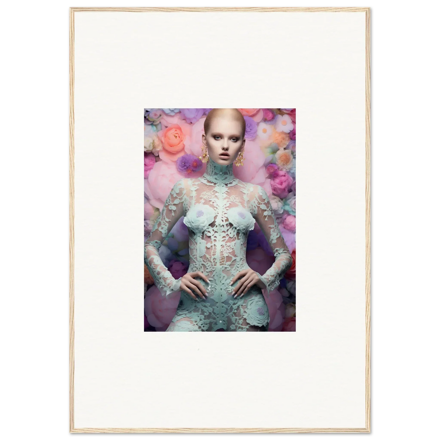 Framed portrait of a person wearing an ornate, pale blue lace outfit against a colorful floral background.