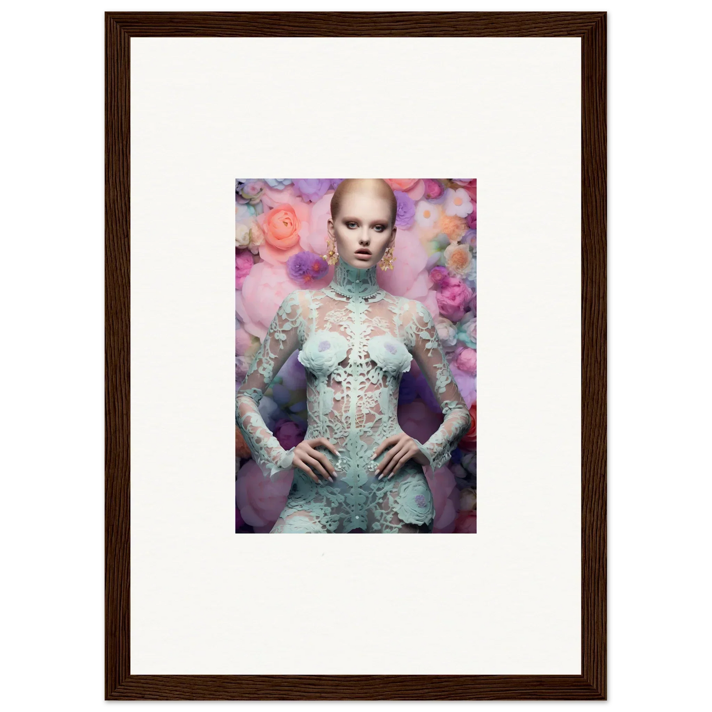 Framed artwork depicting a pale figure in an ornate white dress against a colorful floral background.