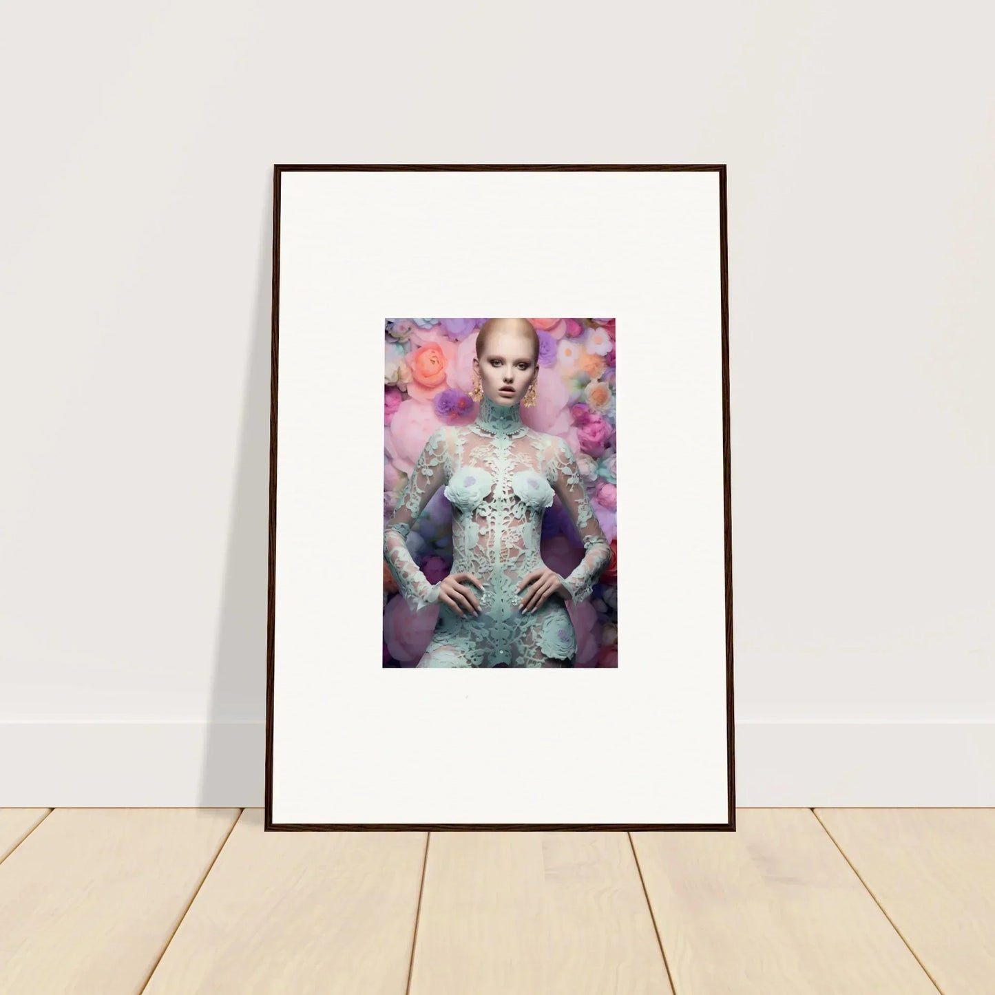 Framed portrait of a person wearing an ornate, pale blue outfit against a colorful background.