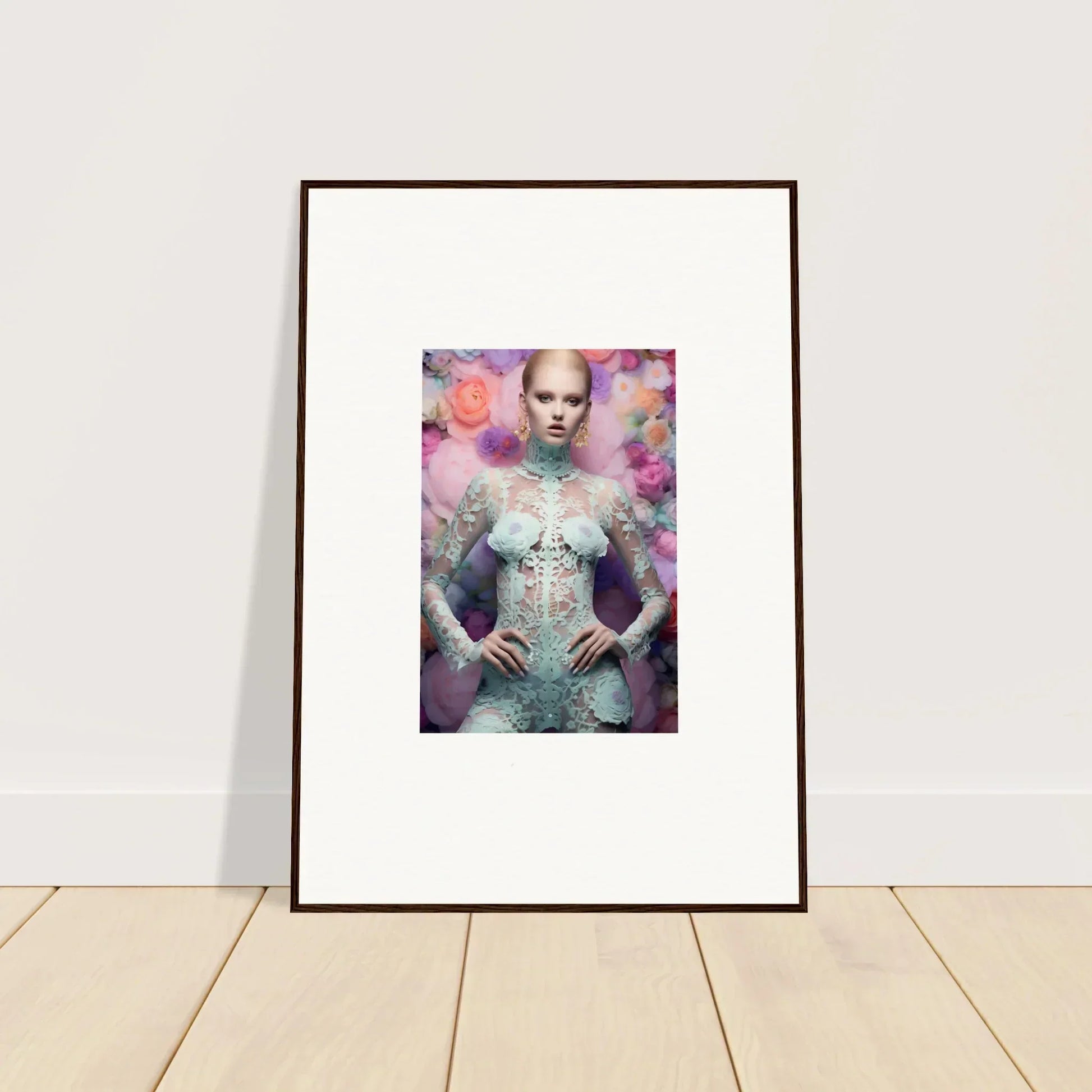 Framed portrait of a person wearing an ornate, pale blue outfit against a colorful background.