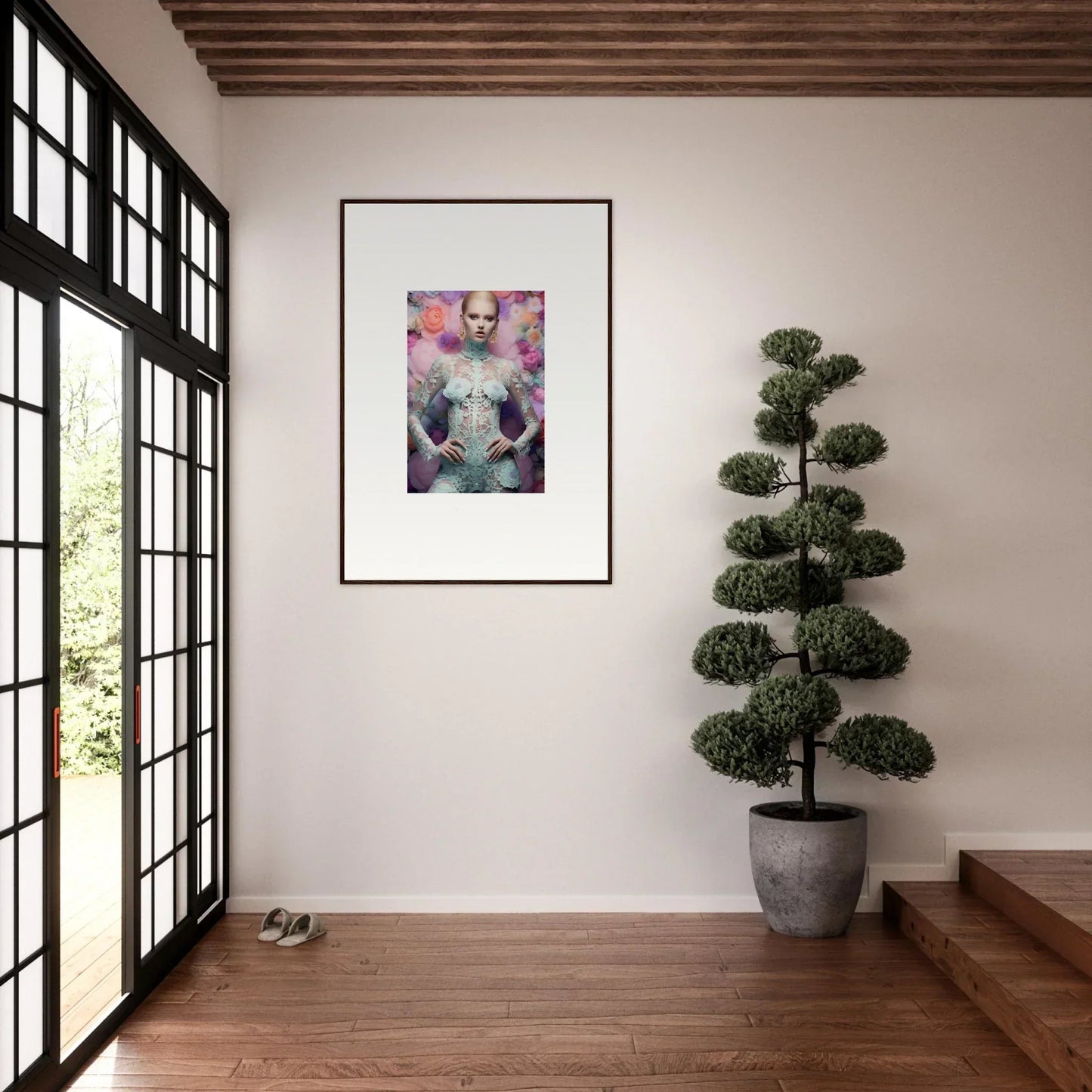 Framed artwork depicting a surreal figure with butterfly-like elements against a colorful background.