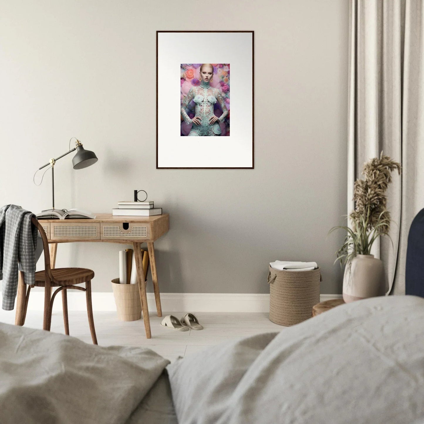 Framed abstract artwork with pink and purple hues hanging on a wall.