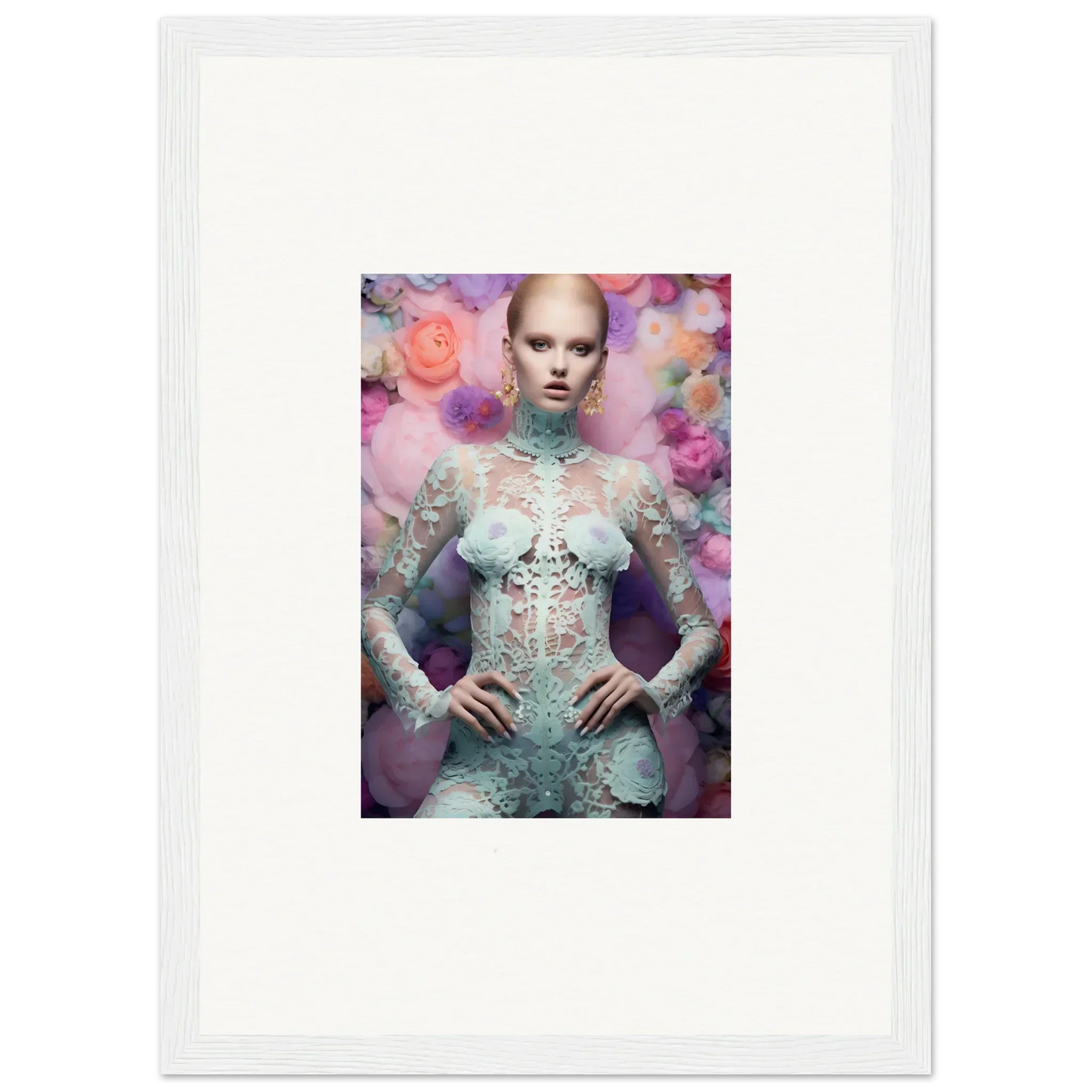 Framed portrait of a person wearing an ornate, pale blue outfit against a floral background.