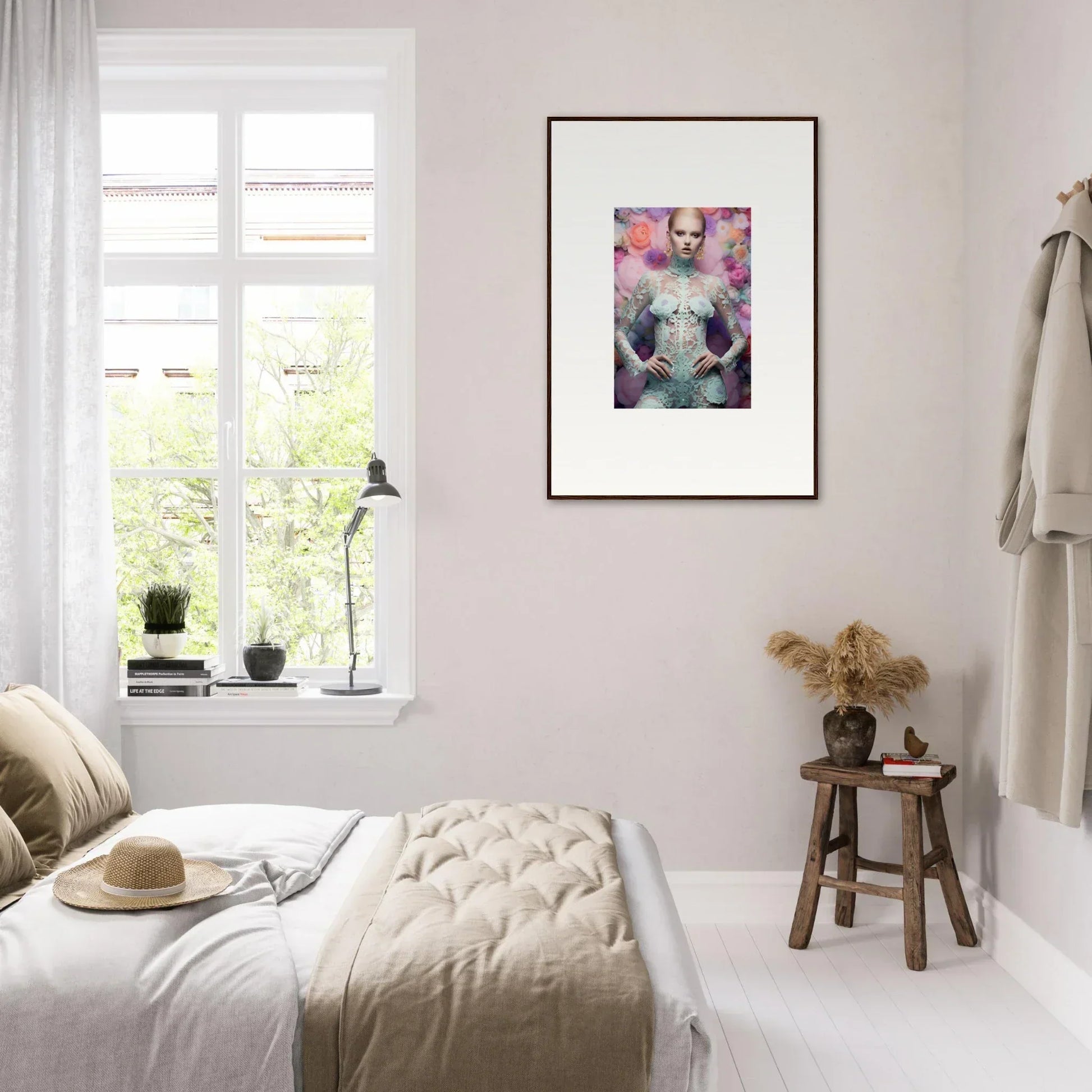 Framed artwork depicting a figure surrounded by pink and purple hues.