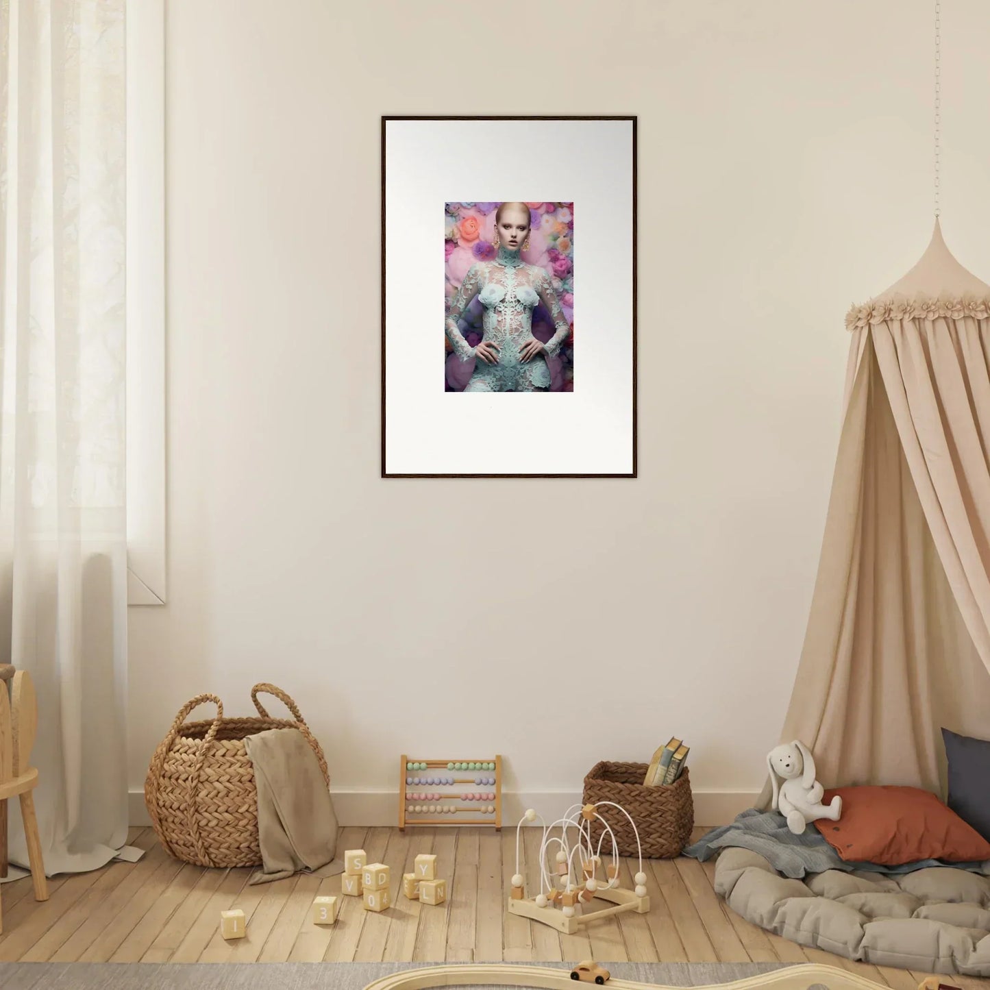 Framed artwork depicting a figure surrounded by pink and purple floral elements.