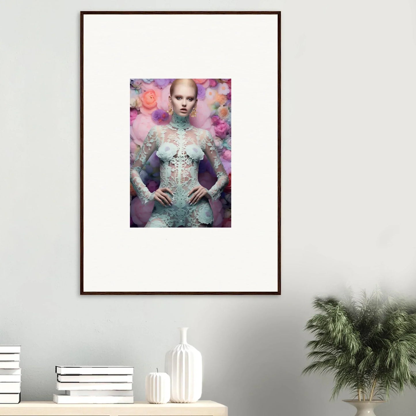 Framed artwork depicting a figure in an ornate costume against a colorful, ethereal background.
