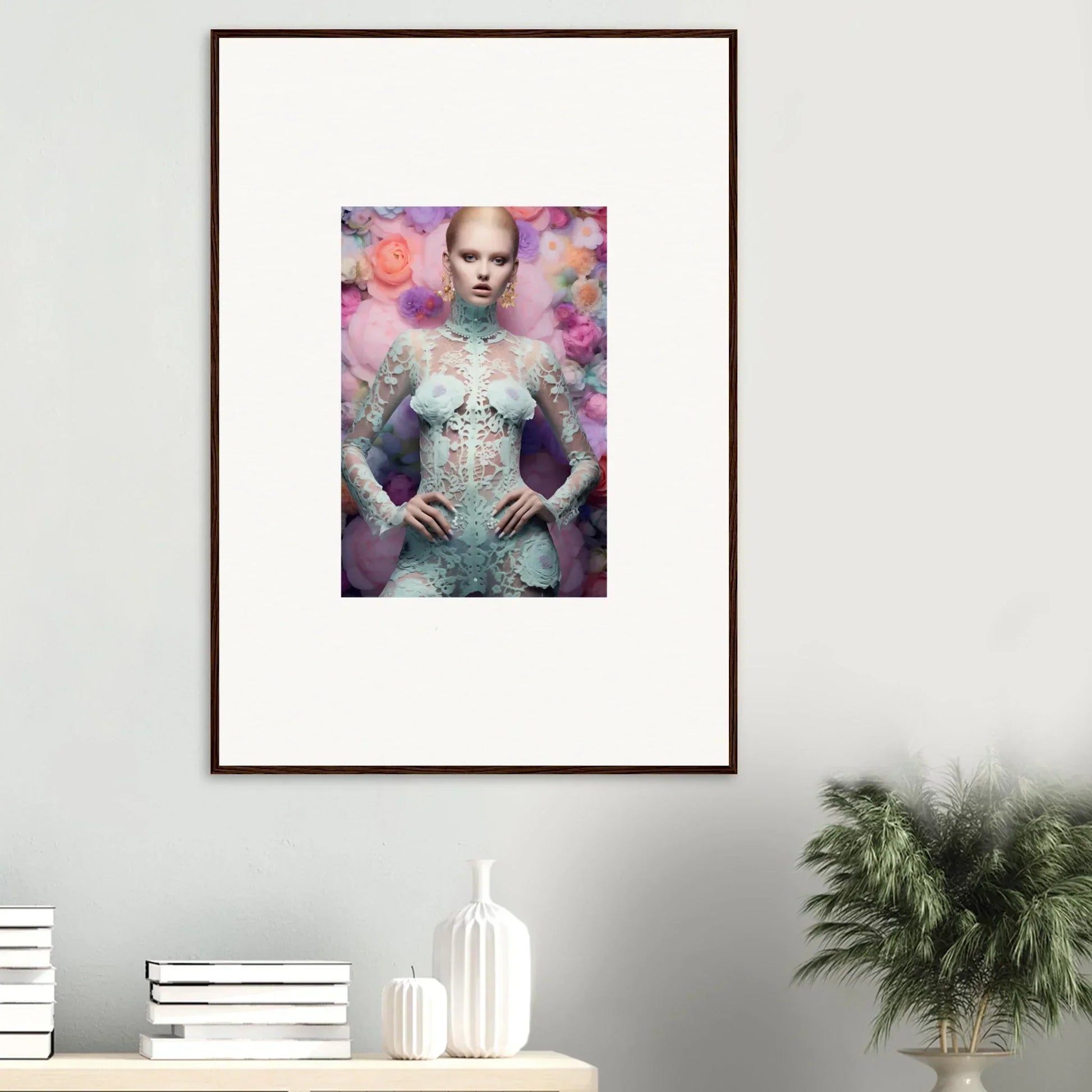 Framed artwork depicting a figure in an ornate costume against a colorful, ethereal background.