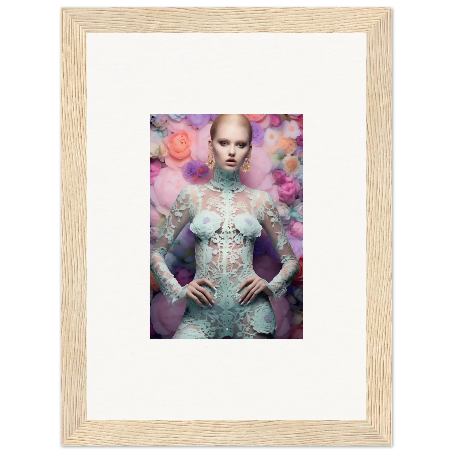 Framed artistic photograph of a person wearing an ornate, pale blue outfit against a colorful floral background.