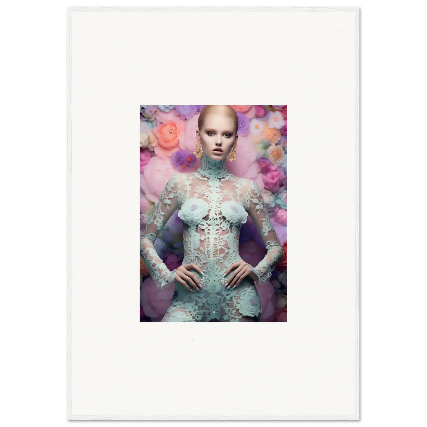 Artistic portrait of a person wearing an ornate, lace-like bodysuit against a colorful floral backdrop.