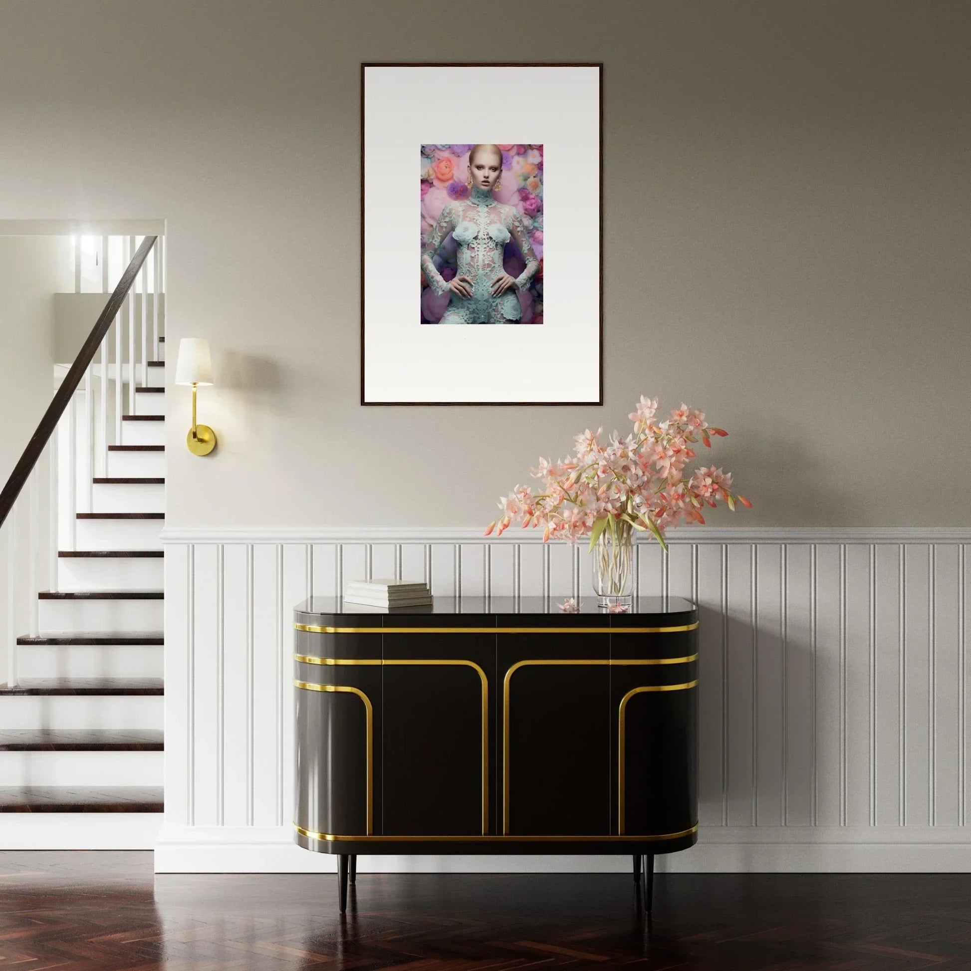 Framed artwork depicting a figure with a floral or ethereal background.