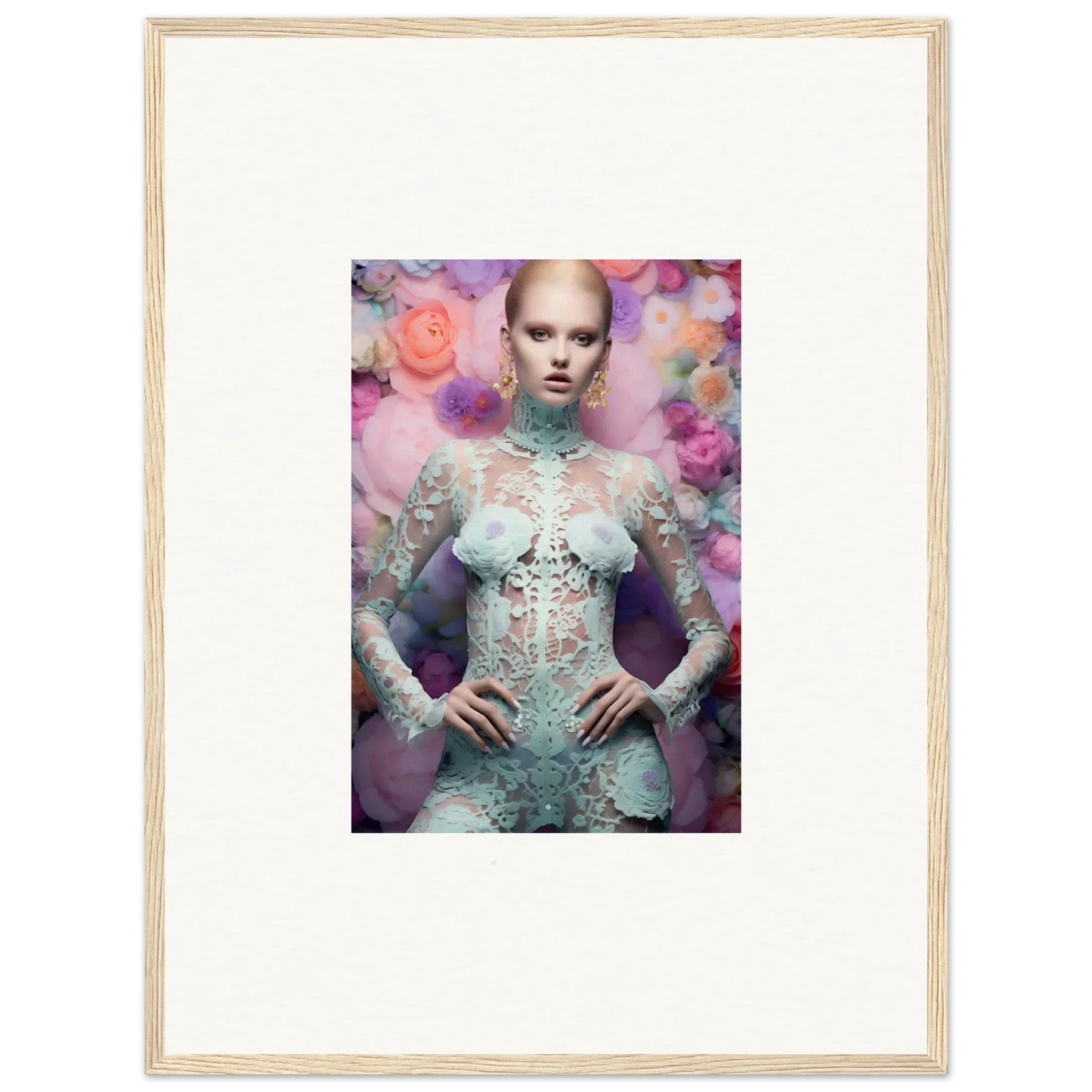 Framed photograph of a person wearing an ornate, pale blue lace outfit against a colorful floral background.