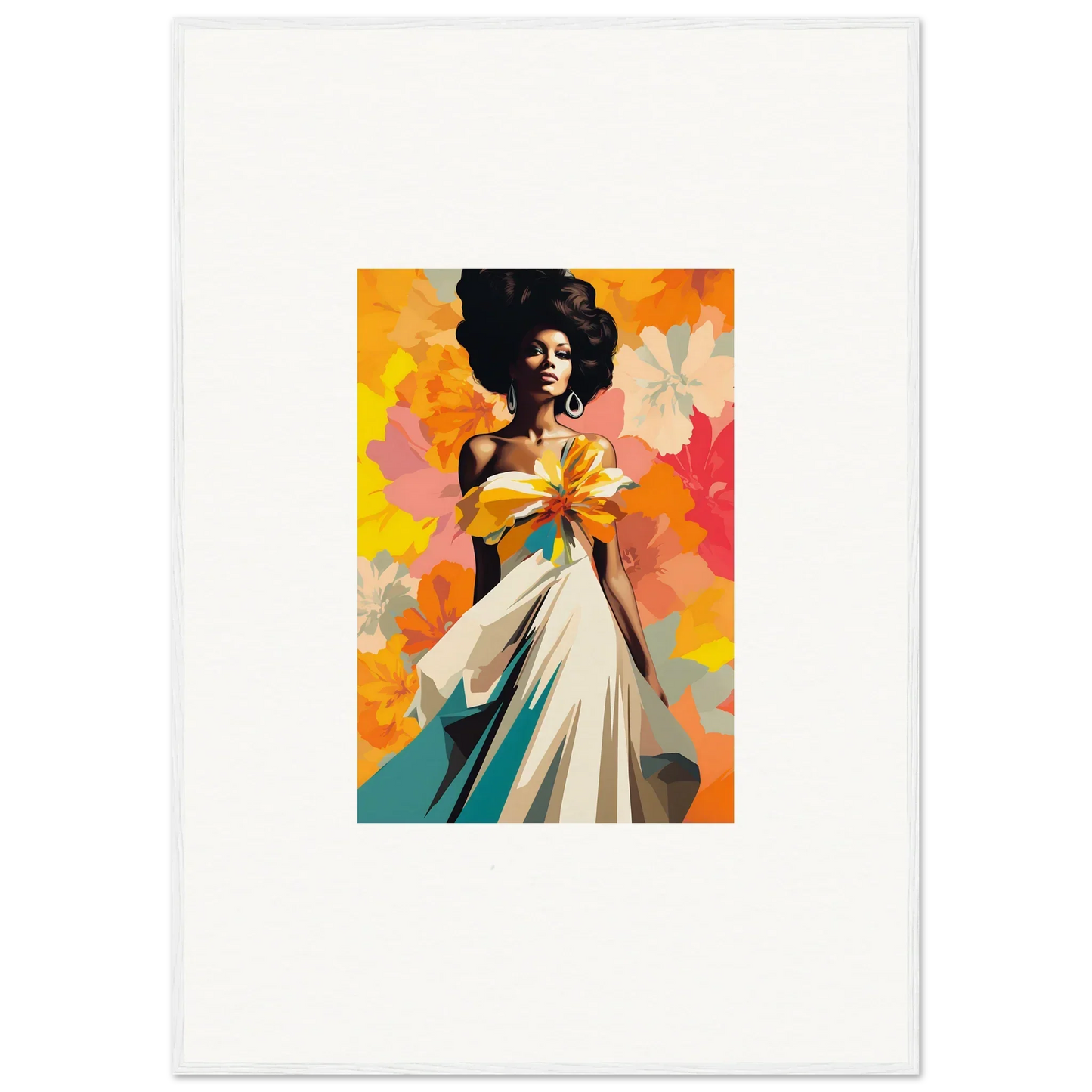 Vibrant Ecstasy Kaleidoscope Draped artwork featuring a figure in a white dress and yellow bow