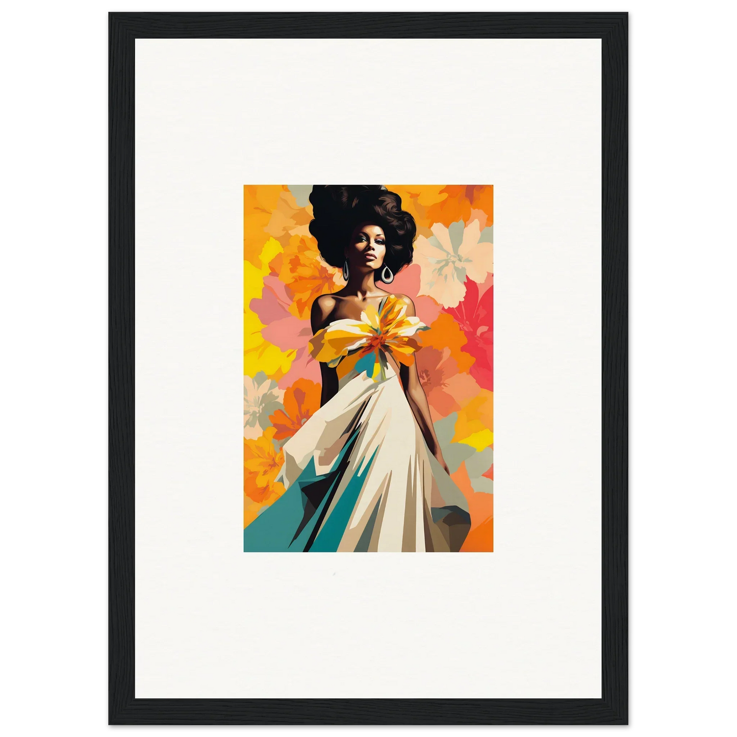 Framed artwork of a woman in a white dress from Ecstasy Kaleidoscope Draped