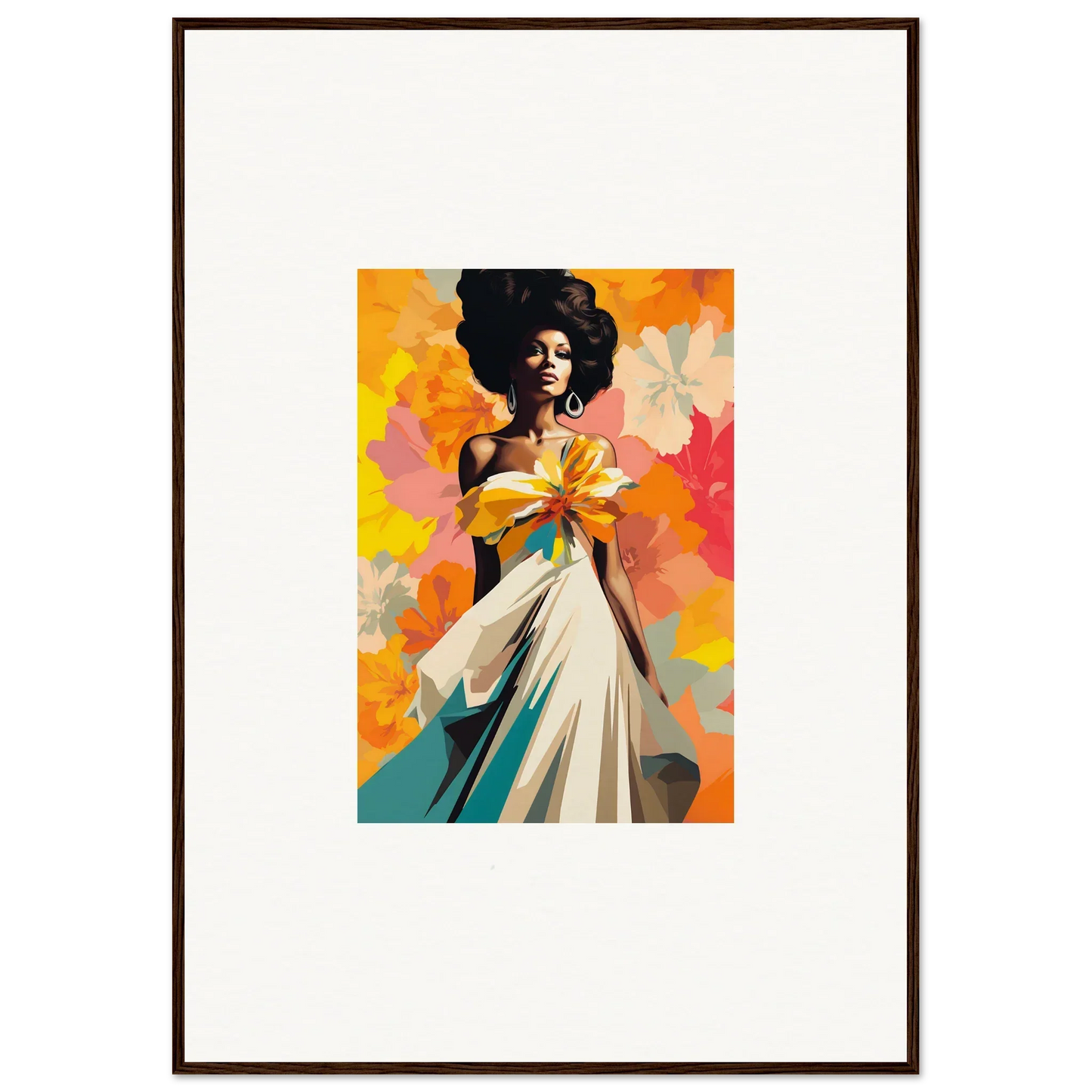 Stylized painting of a figure in an off-shoulder gown, featuring Ecstasy Kaleidoscope Draped